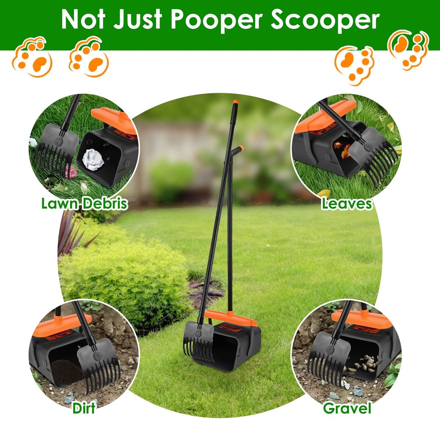 Pooper scooper shown on lawn with insets for leaves, dirt, gravel and lawn debris showing versatile uses