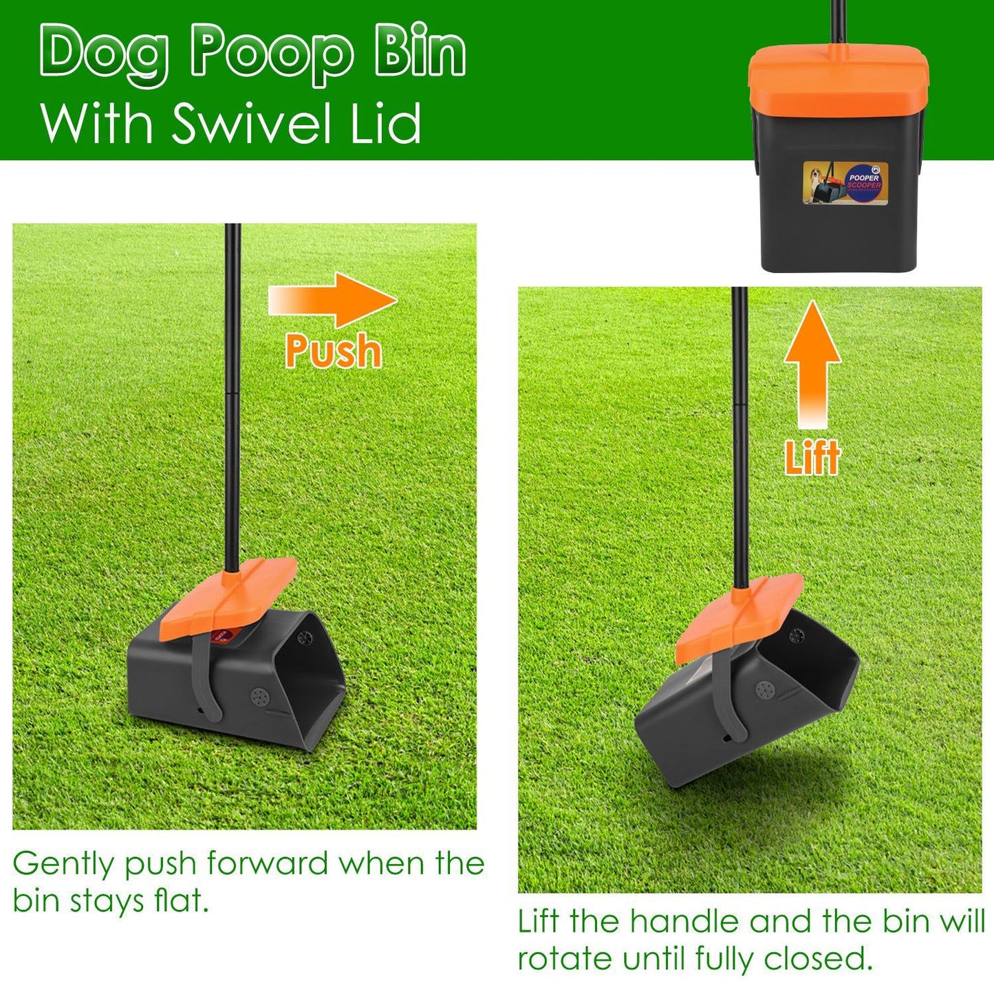 Swiveling bin push-to-open and lift-to-close instructions showing orange lid and black bin
