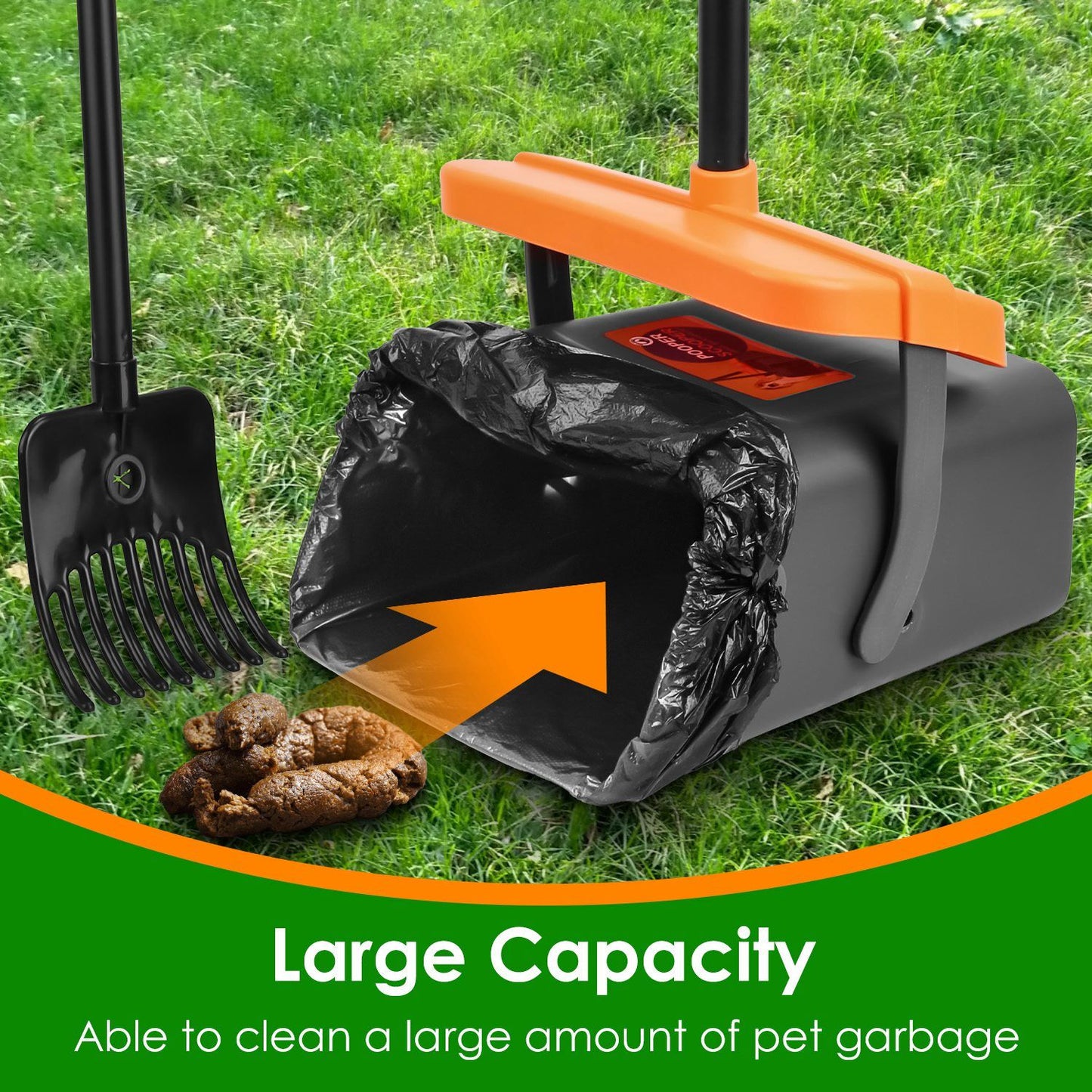 Swiveling dog poop bin on grass with a bag liner showing large capacity and bag-holding feature