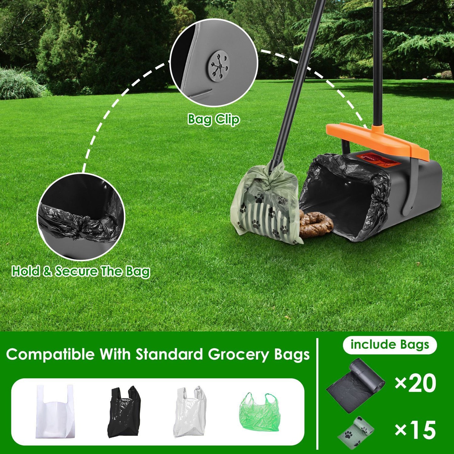Close-up of bag clip and secured bag inside swiveling bin showing how bags are held for disposal