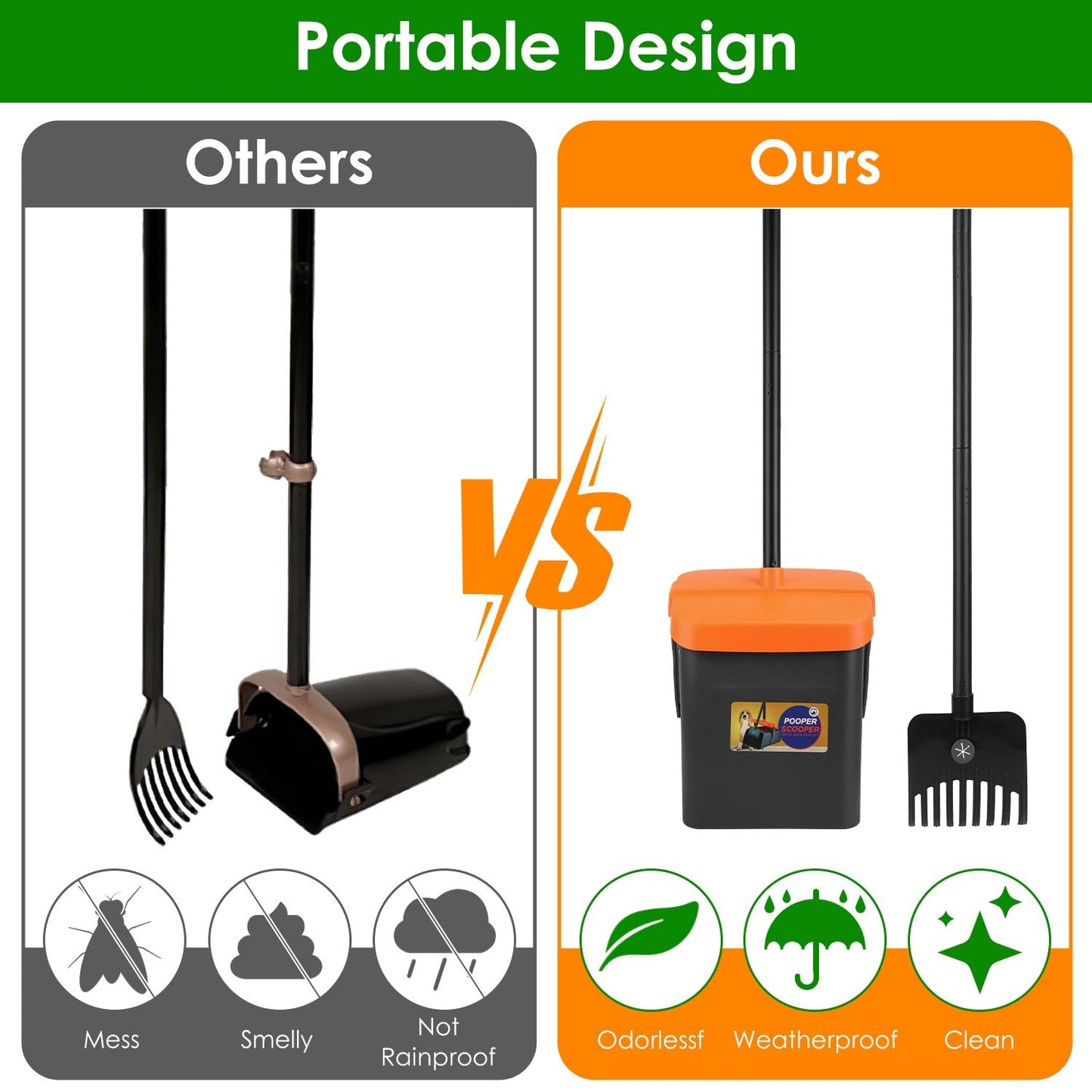 Comparison graphic showing this portable swiveling bin and rake versus a competitor design highlighting benefits