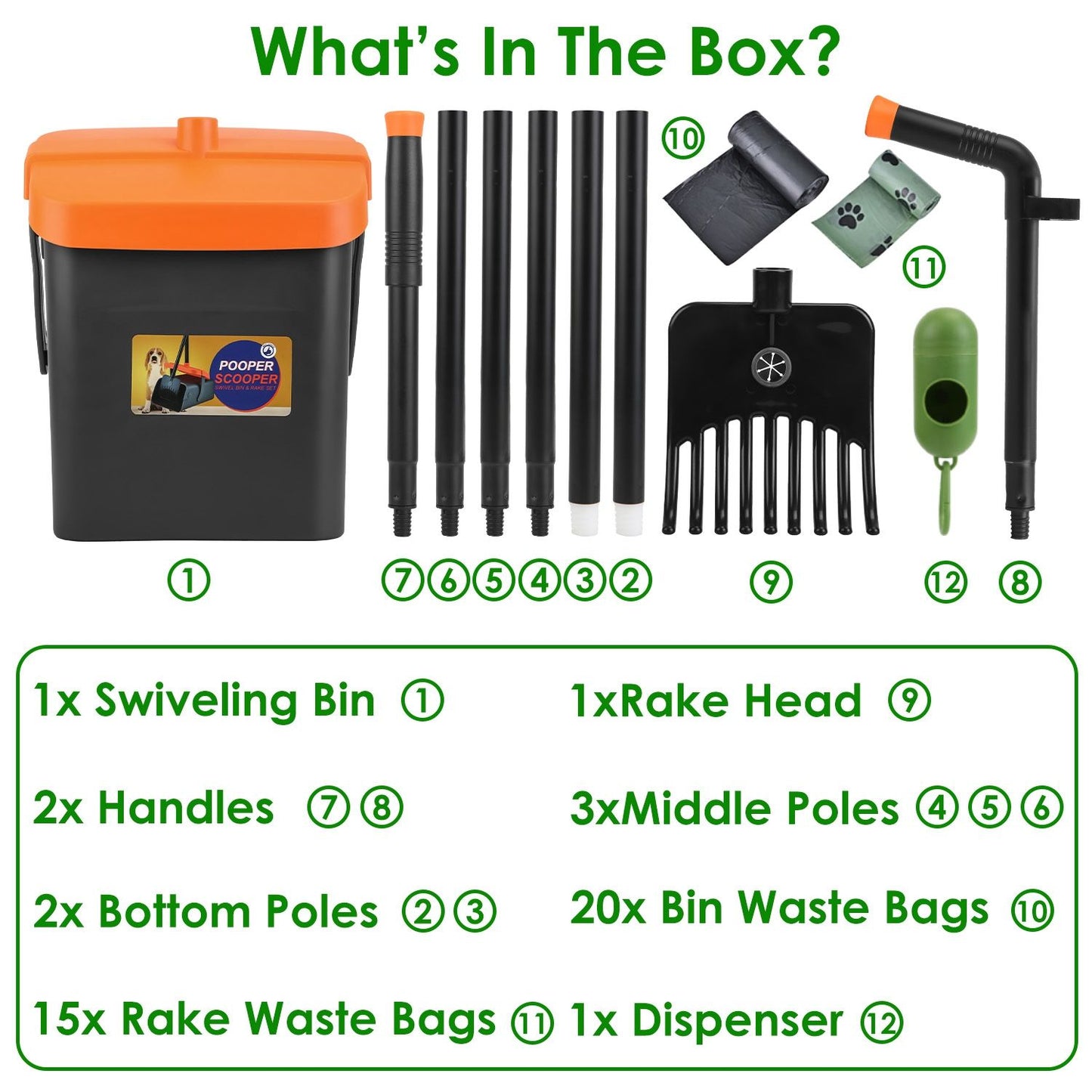 Flat lay of kit contents with labeled bin, poles, rake head, dispenser and two rolls of waste bags