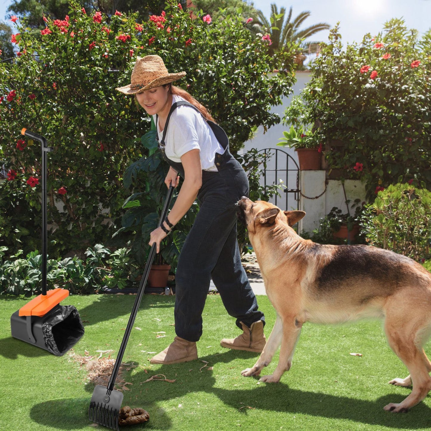 Person using long-handle rake and swiveling bin to clean yard with dog nearby in backyard scene