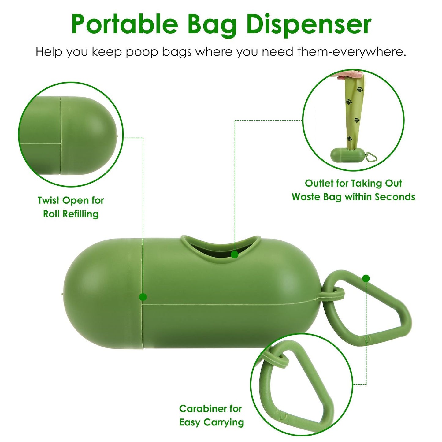 Green portable poop bag dispenser with twist cap, dispensing slot and carabiner for attachment
