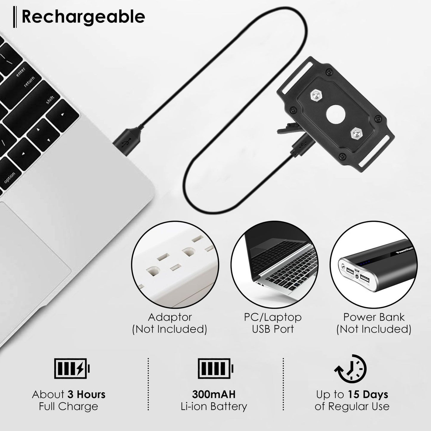 Collar control module connected to USB cable with charge time 3 hours and 300 mAh battery info
