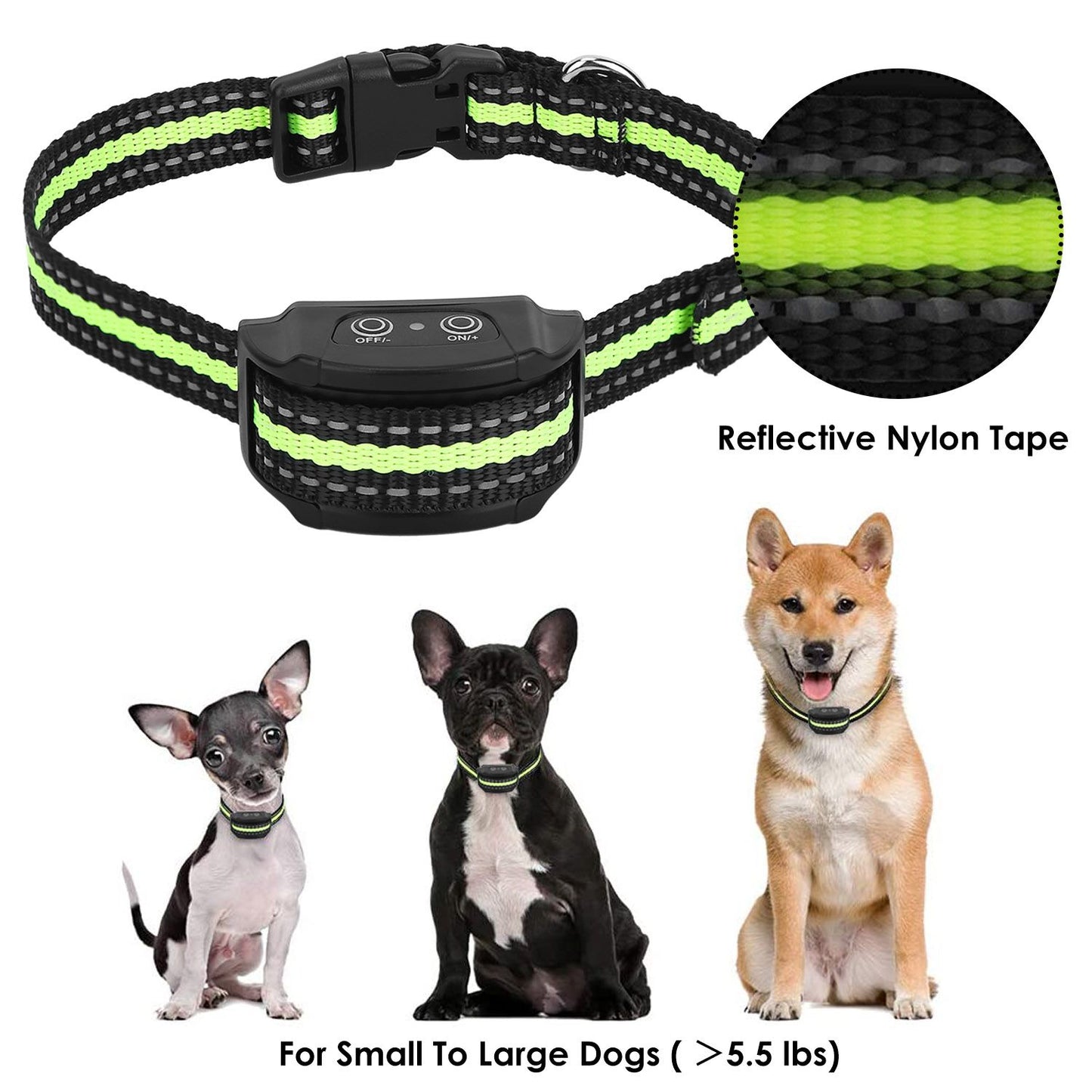 Close-up of reflective nylon strap and control box with scale image showing collars on small to large dogs