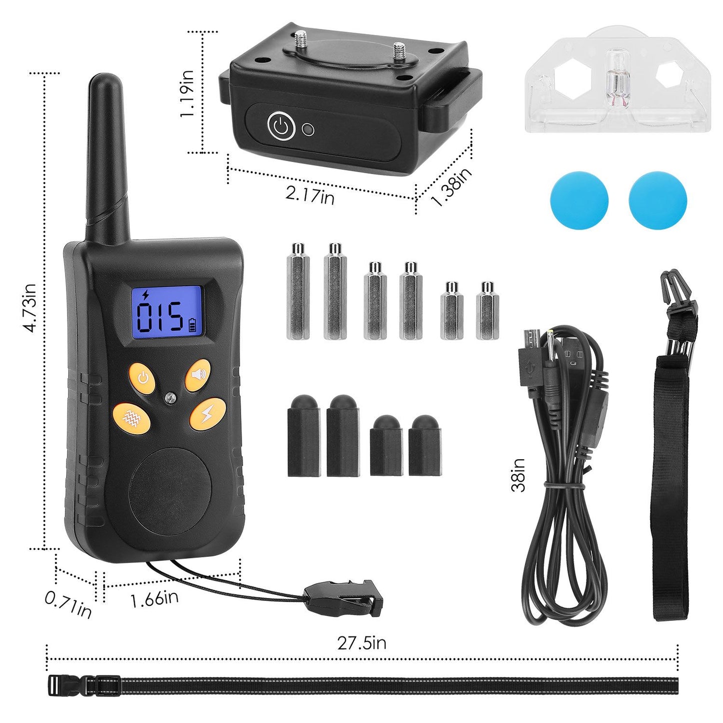 Flat lay of transmitter, collar receiver, contact probes, silicone covers, USB cable and adjustable strap with dimensions