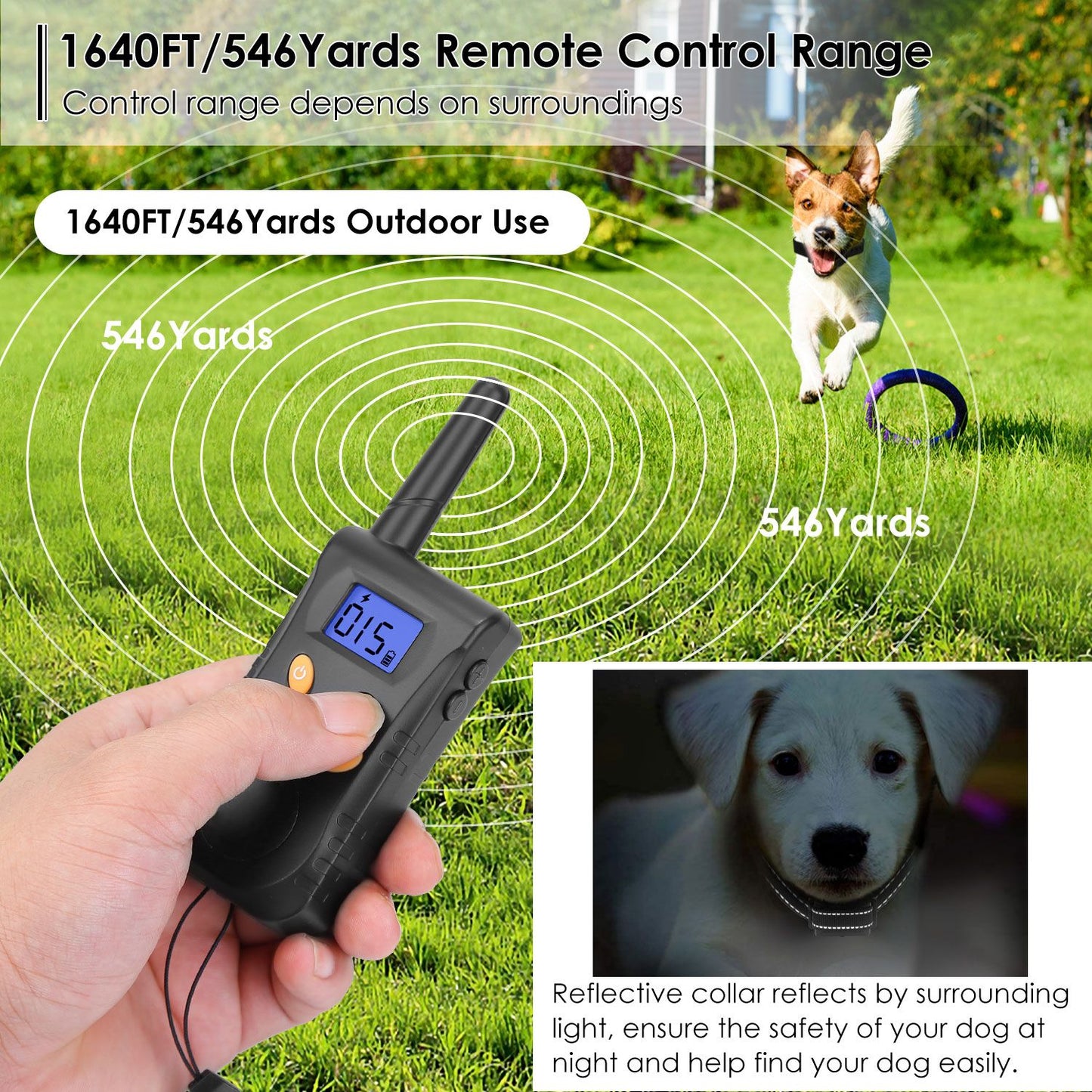 Hand holding transmitter remote with LCD showing level and illustrated long‑range coverage