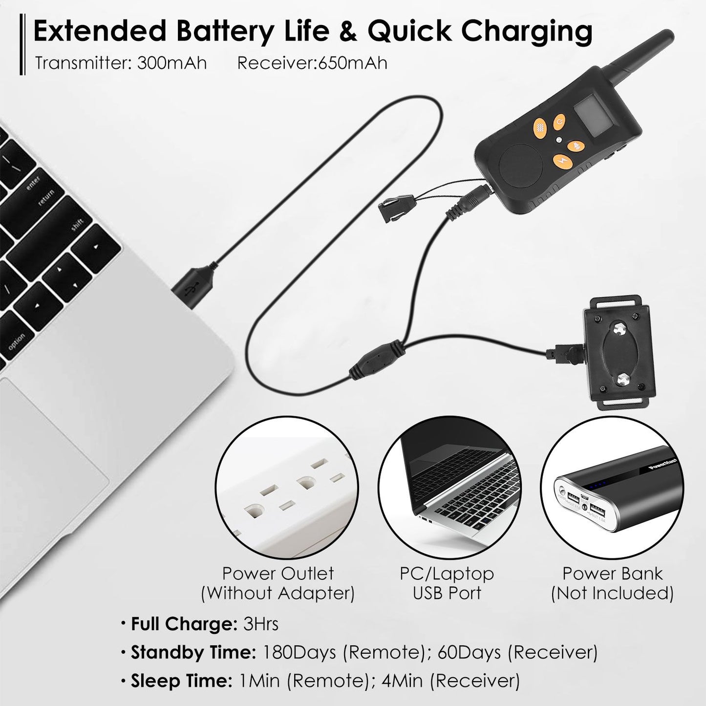 Transmitter and receiver shown with 2‑in‑1 USB charging cable and icons for charge and standby times