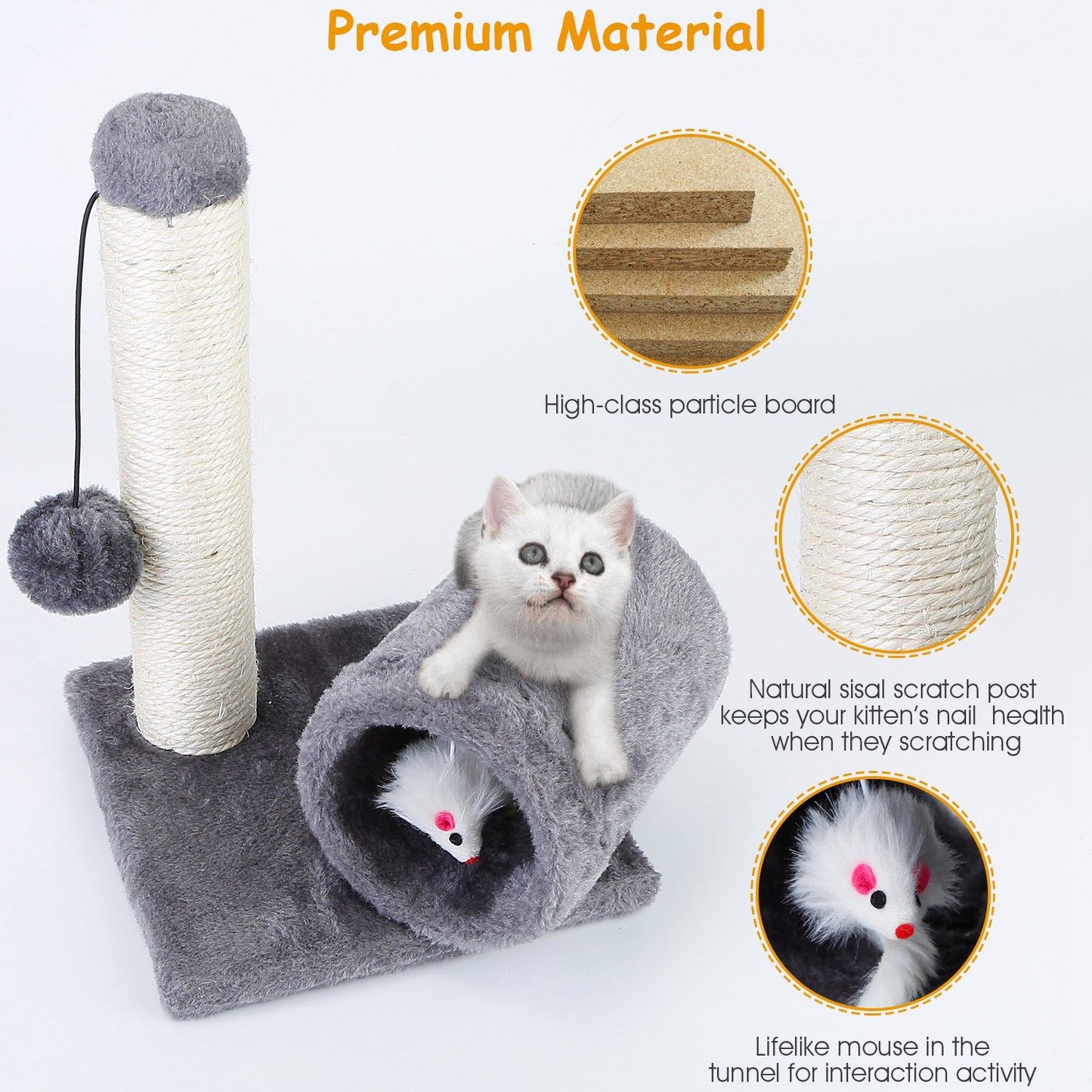 Close-up of plush base, natural sisal scratch post and lifelike mouse inside plush tunnel