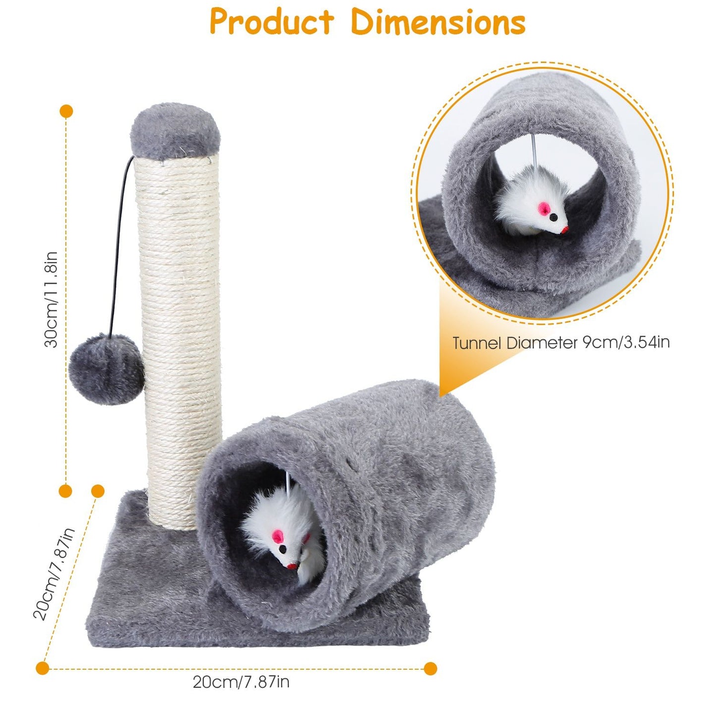 Product dimensions diagram: base 20x20cm, post height 30cm, tunnel diameter 9cm