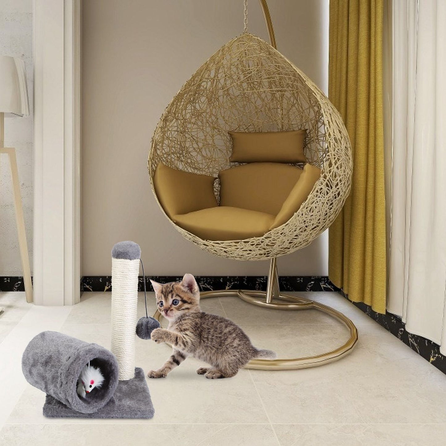 Compact grey cat scratch post and tunnel placed in living room with kitten playing