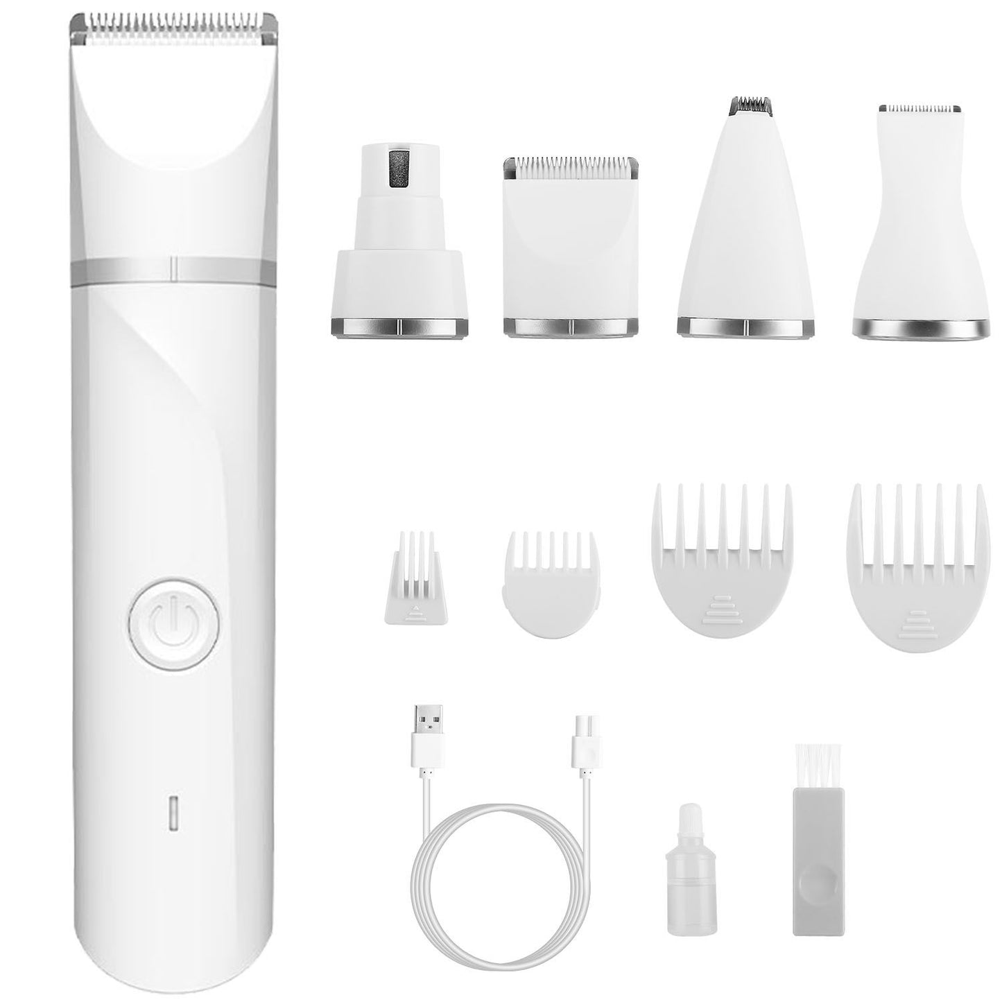Vertical flatlay of pet trimmer with heads, combs, cable, brush and blade oil arranged around it