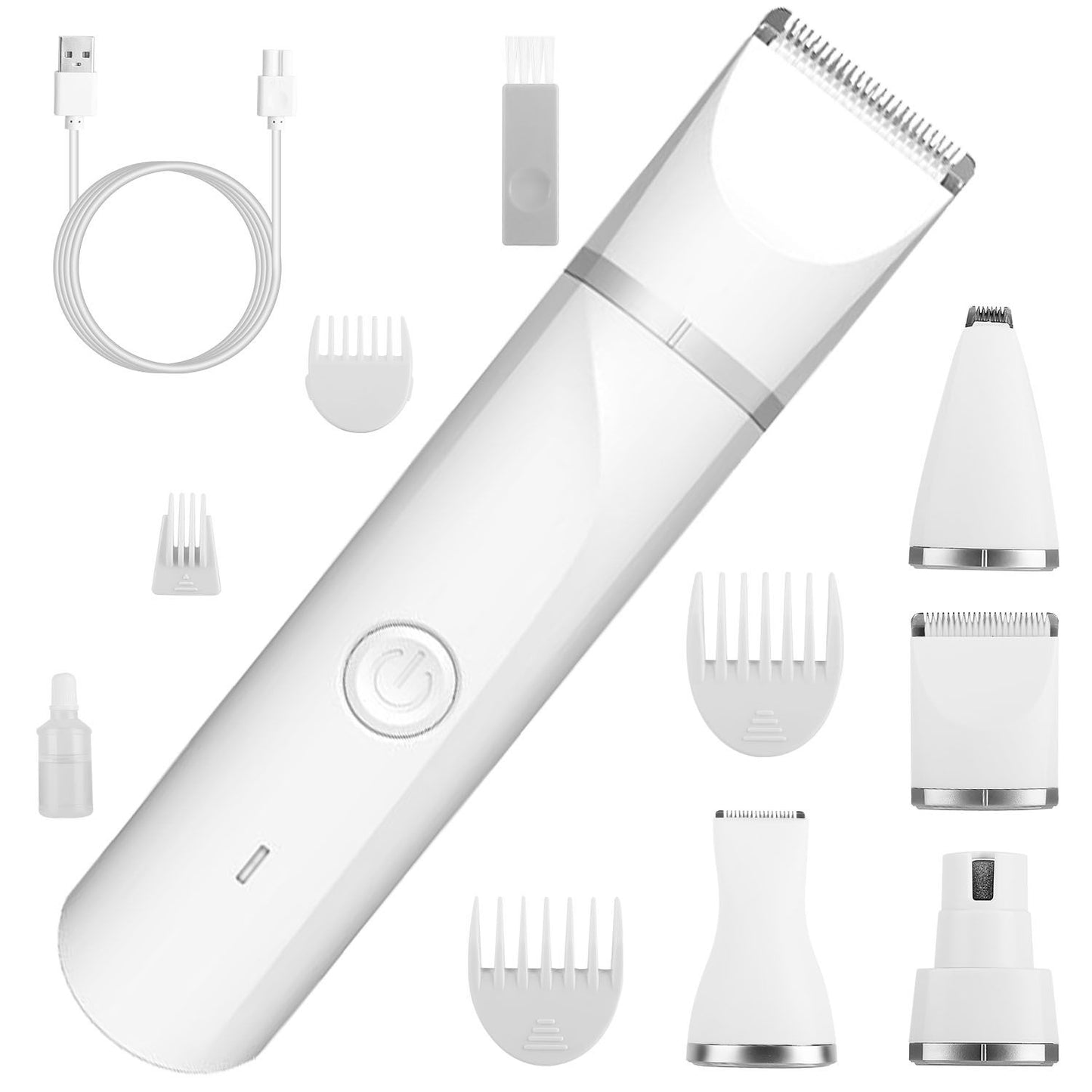Angled flatlay showing the tilted trimmer body surrounded by detachable heads, guide combs and accessories