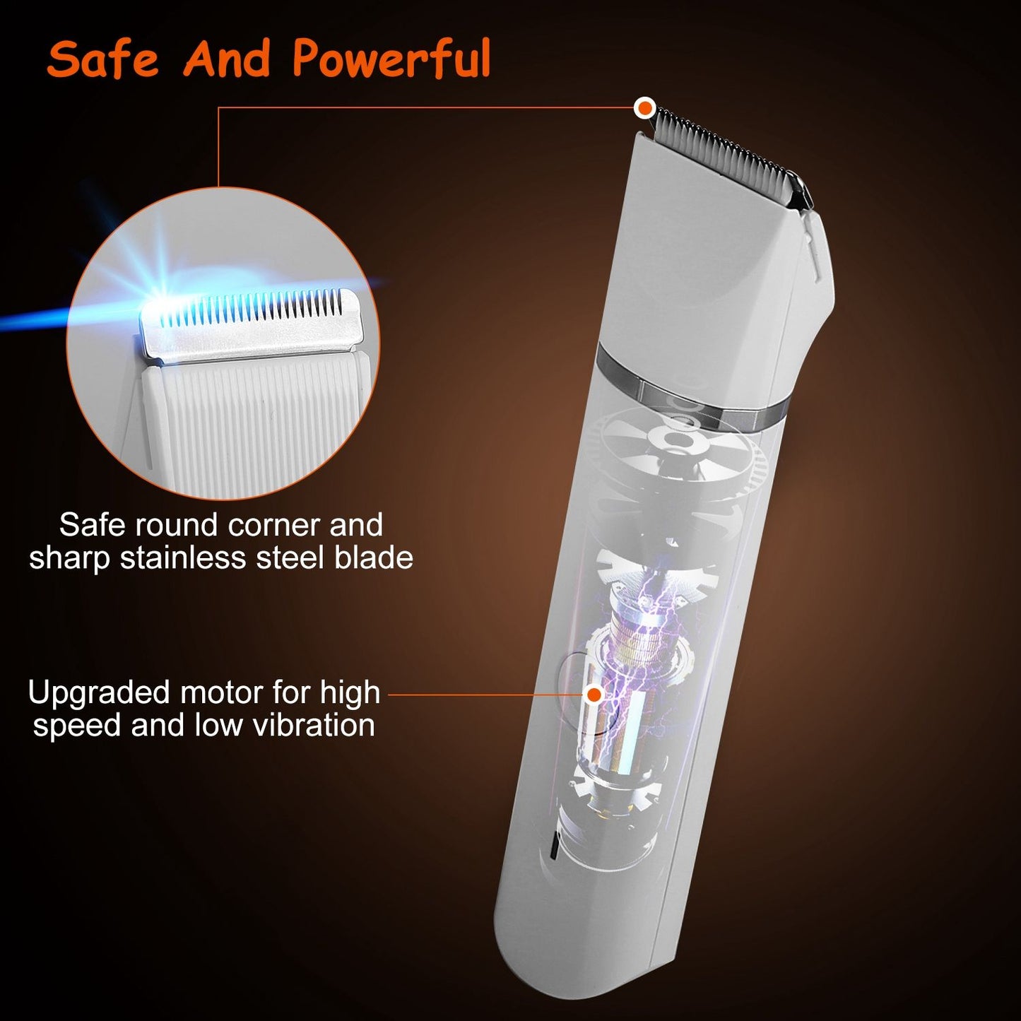 Close-up of trimmer blade and transparent cutaway showing internal motor and rounded blade detail