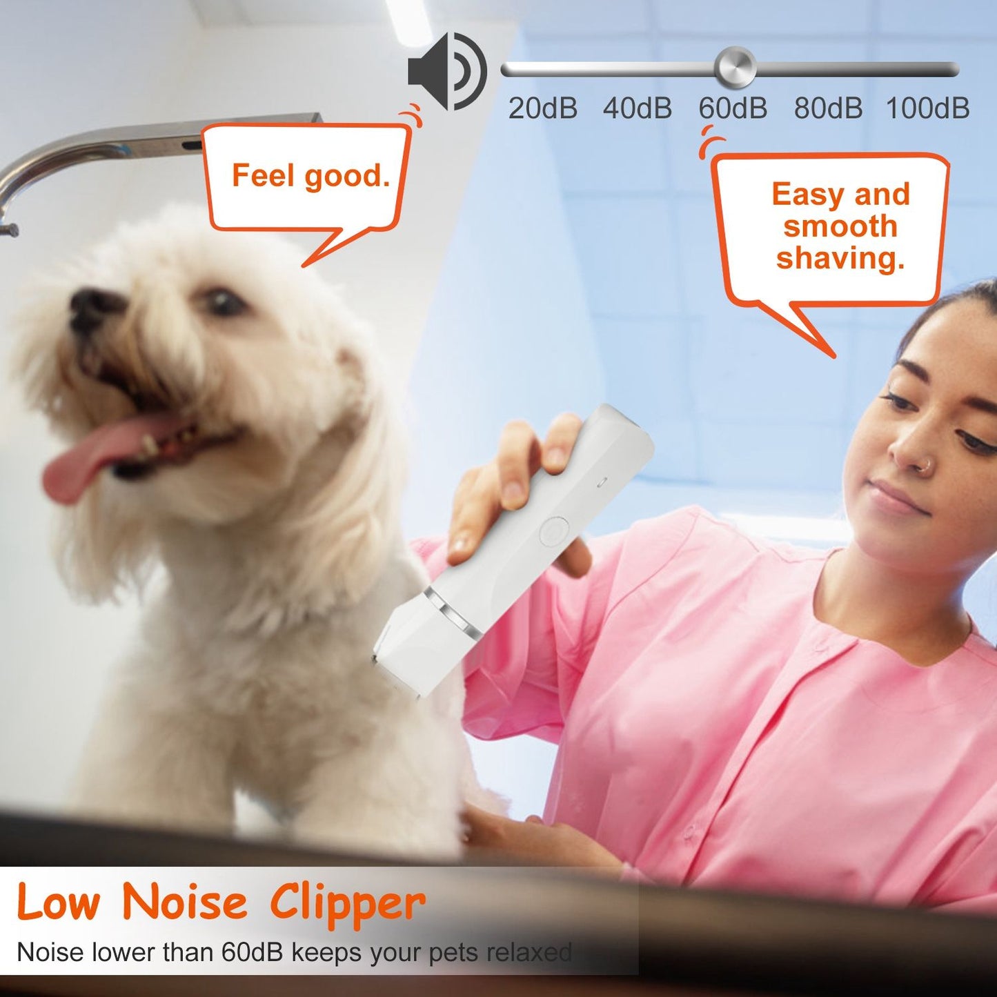 Person using the low-noise pet clipper on a dog with noise-level graphic