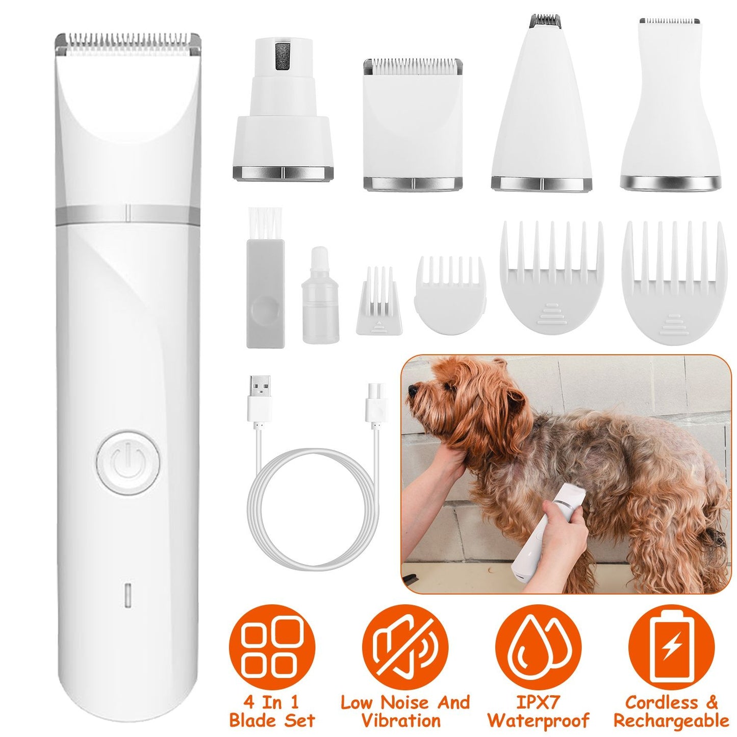 White pet clipper and accessories with inset of person grooming a dog