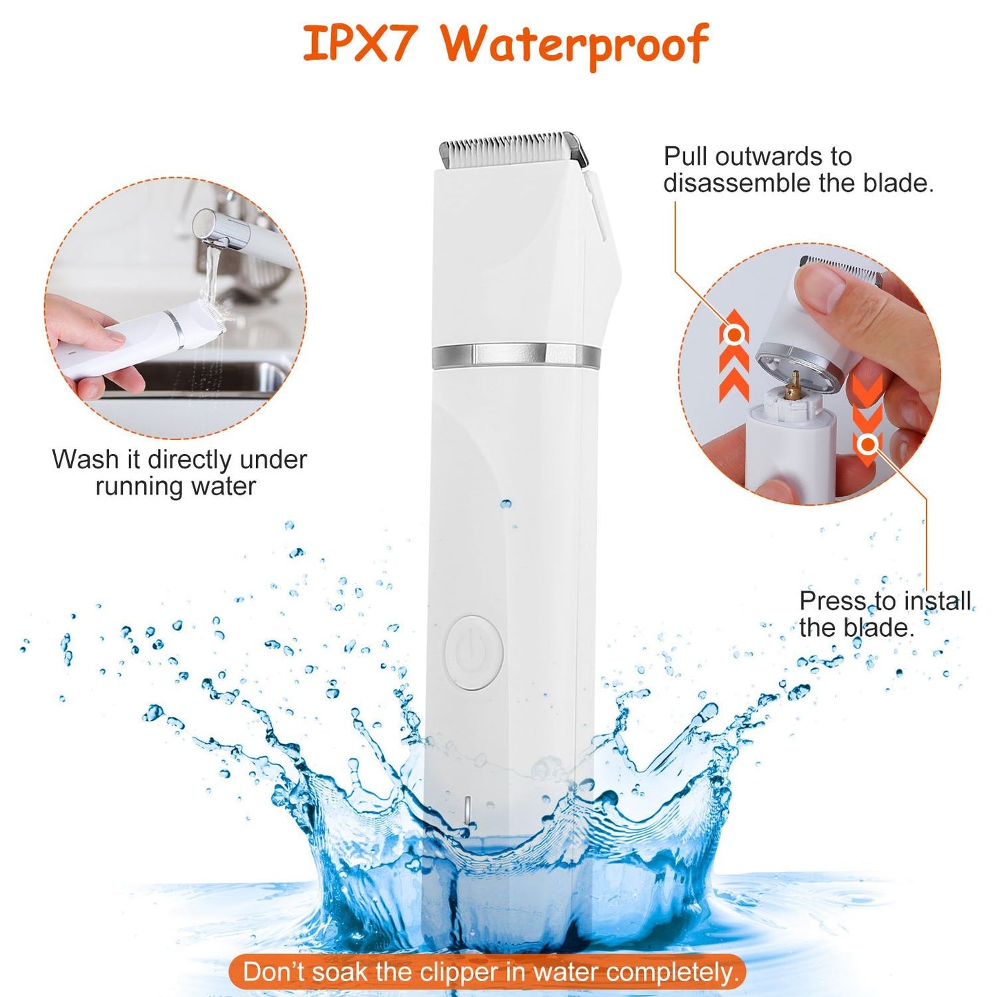 IPX7 waterproof infographic showing trimmer under running water and blade removal steps