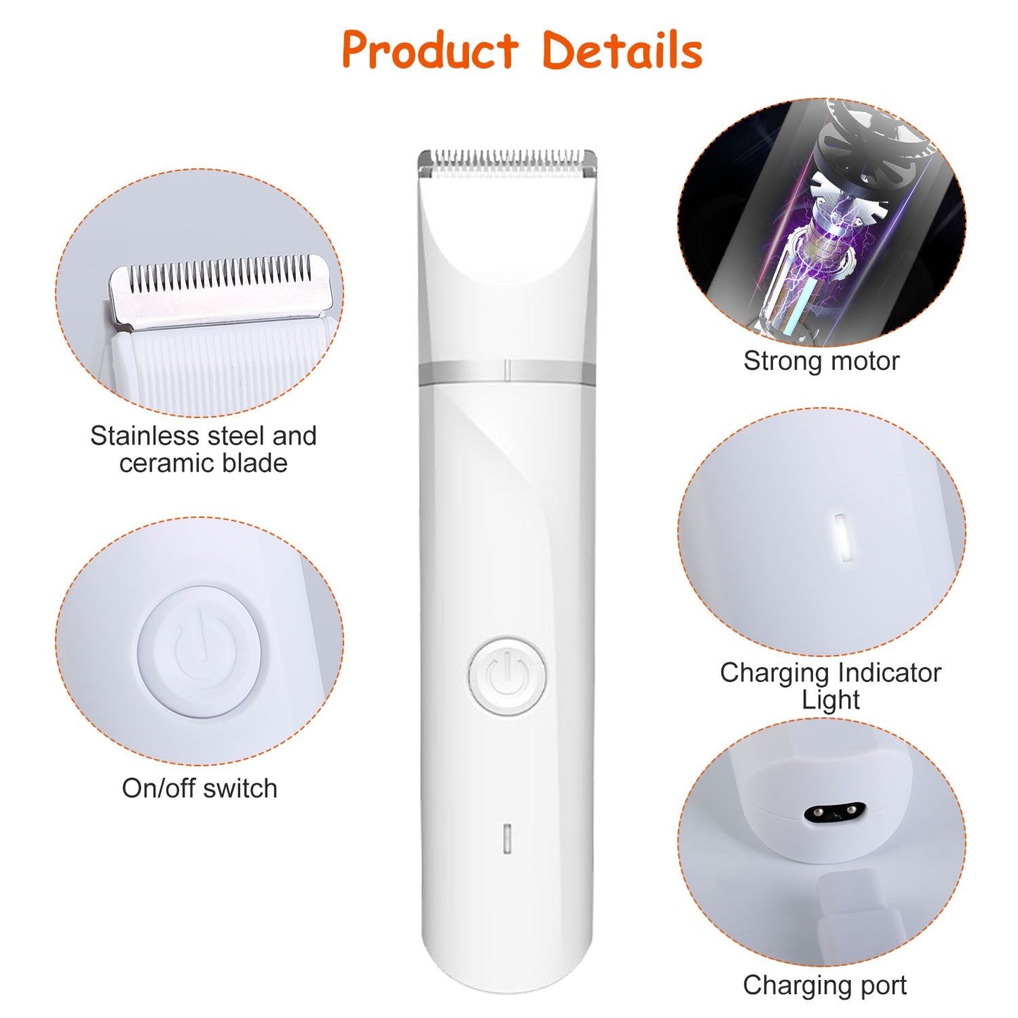 Product details layout showing blade materials, motor, power button, charging light and port