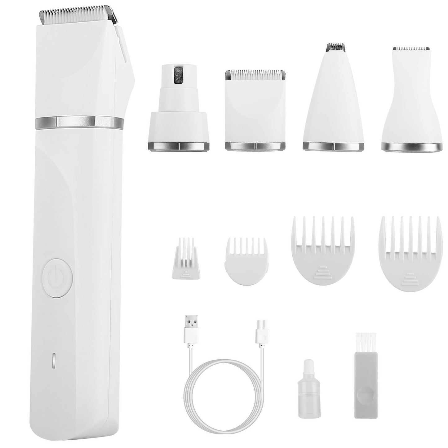 Flatlay of kit components: trimmer body, four heads, guide combs, USB cable, brush and oil