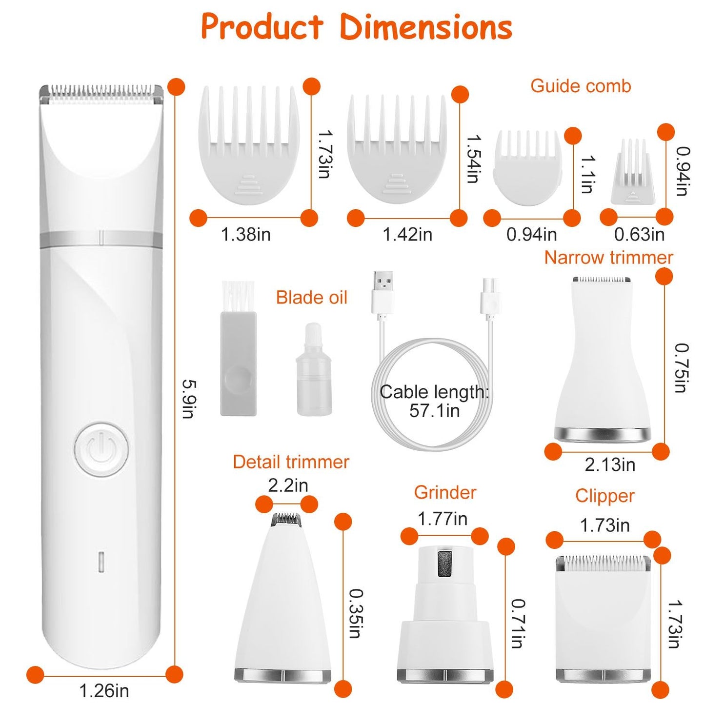 Dimension diagram with measurements for trimmer body, heads, guide combs and cable length