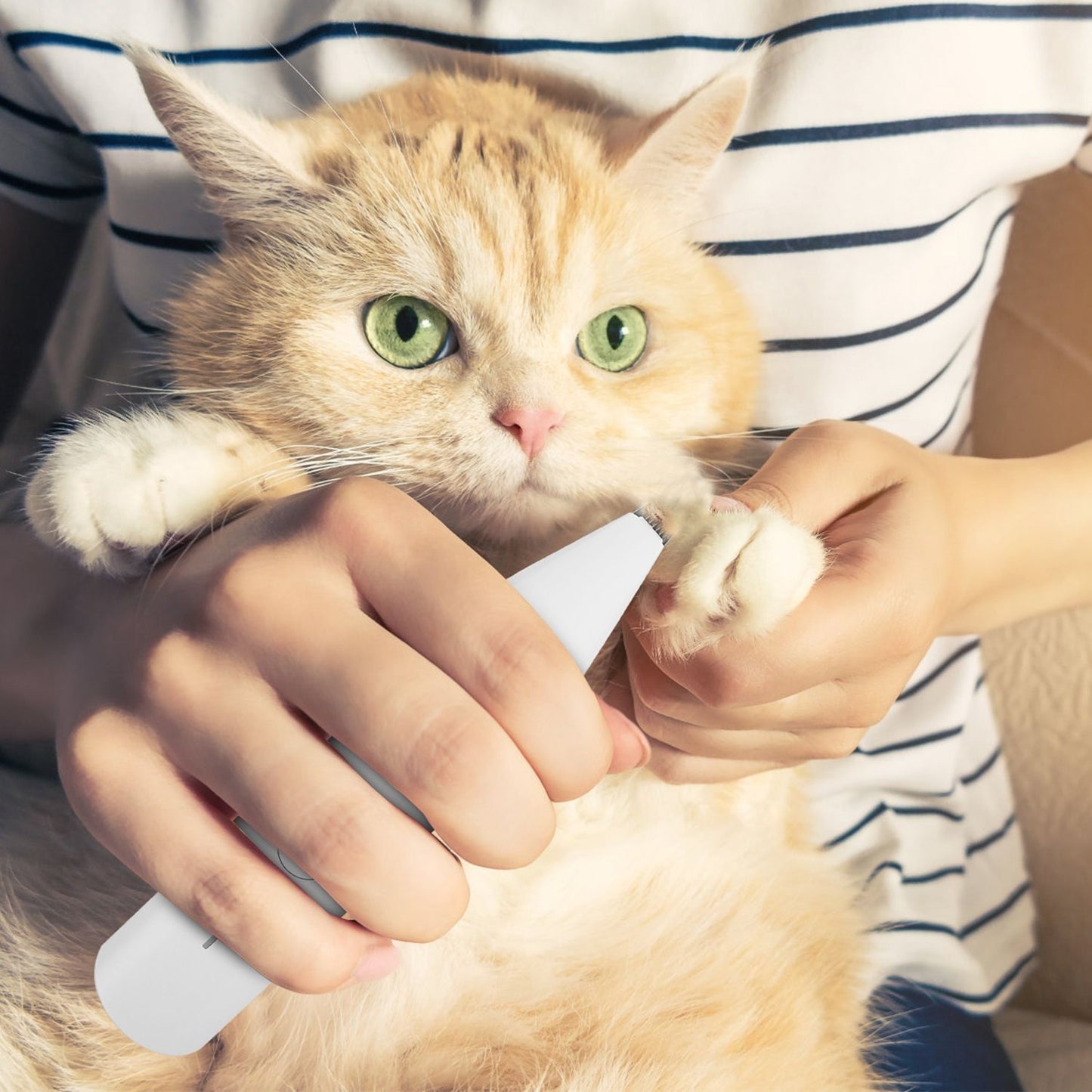 Person holding a relaxed cat while using the trimmer to groom its paws