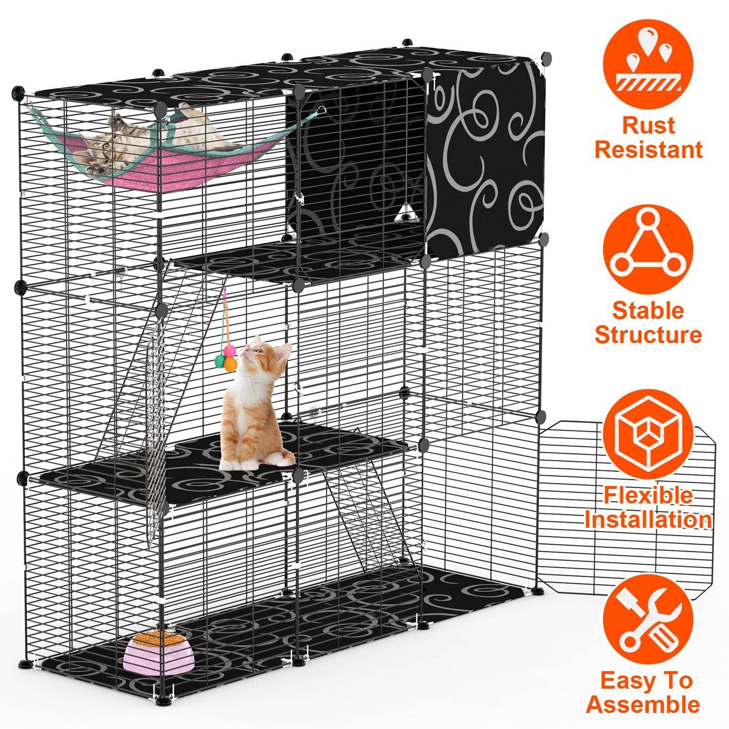3-tier black iron wire cat cage with patterned platforms, pink hammock and hanging toy, assembly icons