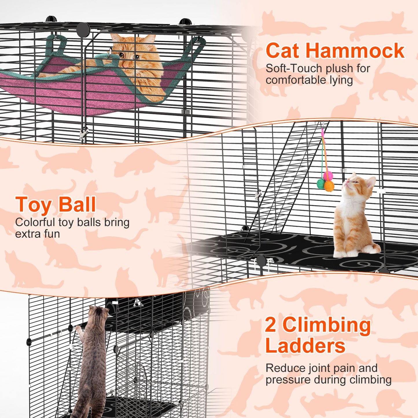 Close-up features: plush hammock, hanging toy ball and two climbing ladders attached to cage