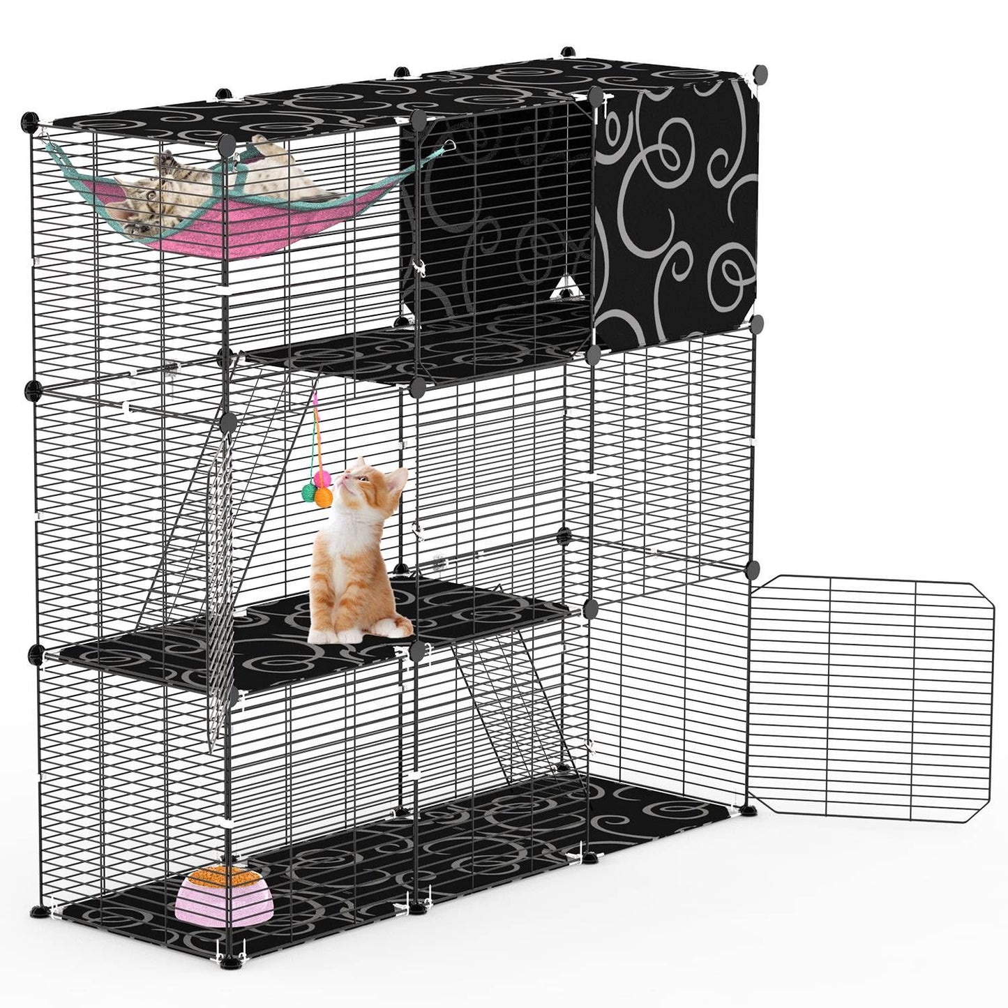 Angled view of assembled cage showing patterned platforms, ladders, top cubby and included hammock and toy