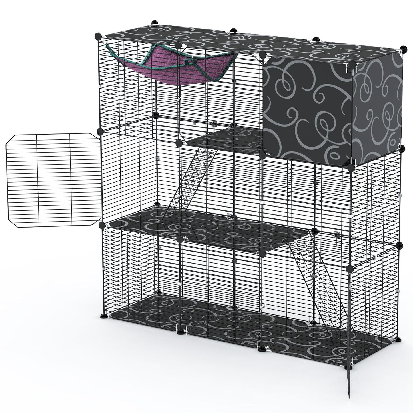 White-background side render of three-tier cage with patterned mats and an open side gate