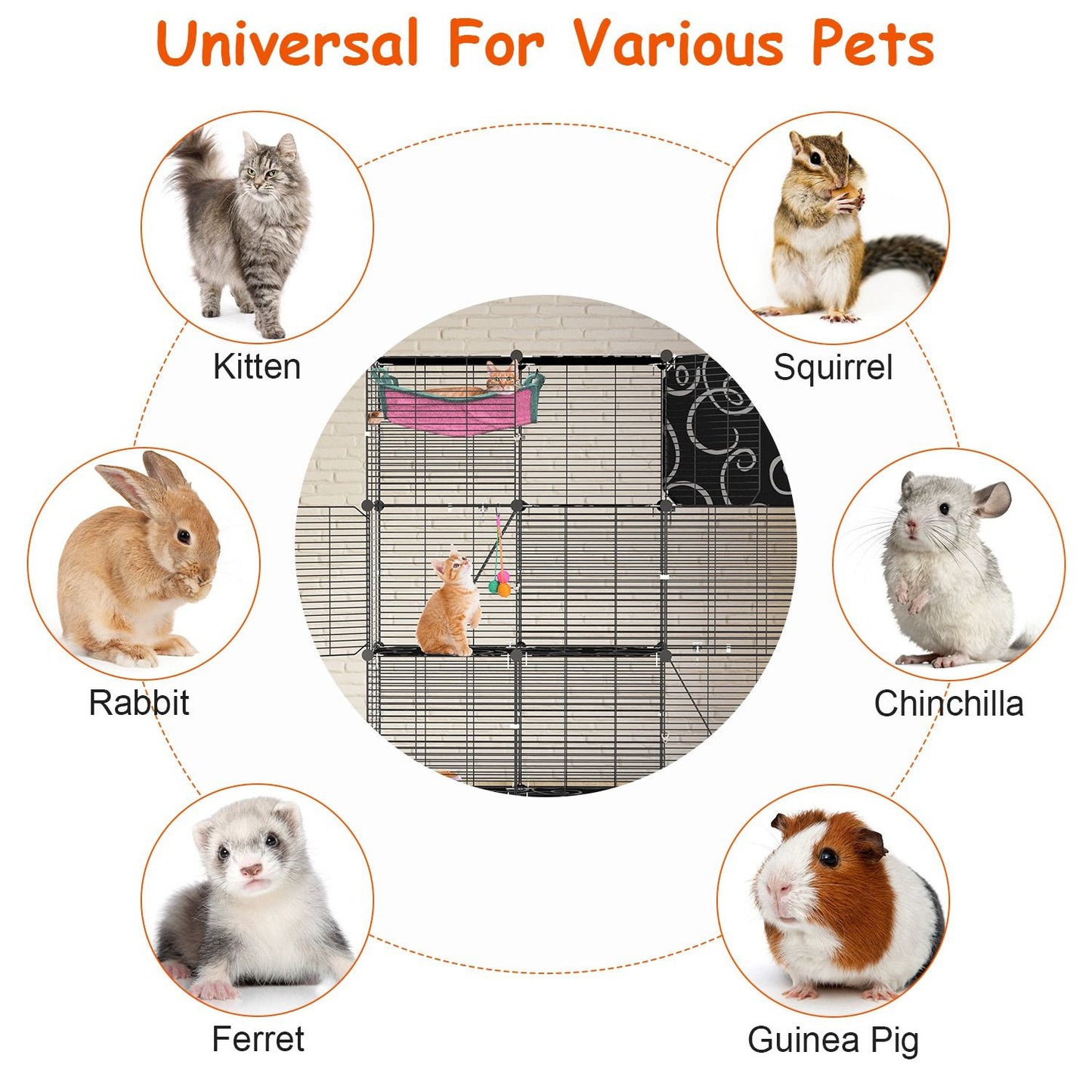 Assembled cage surrounded by icons of kitten, rabbit, guinea pig and other small pets showing suitability
