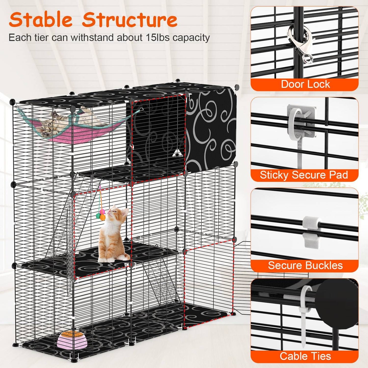 Stability details with door lock, secure pads, buckles and cable ties highlighted on the cage
