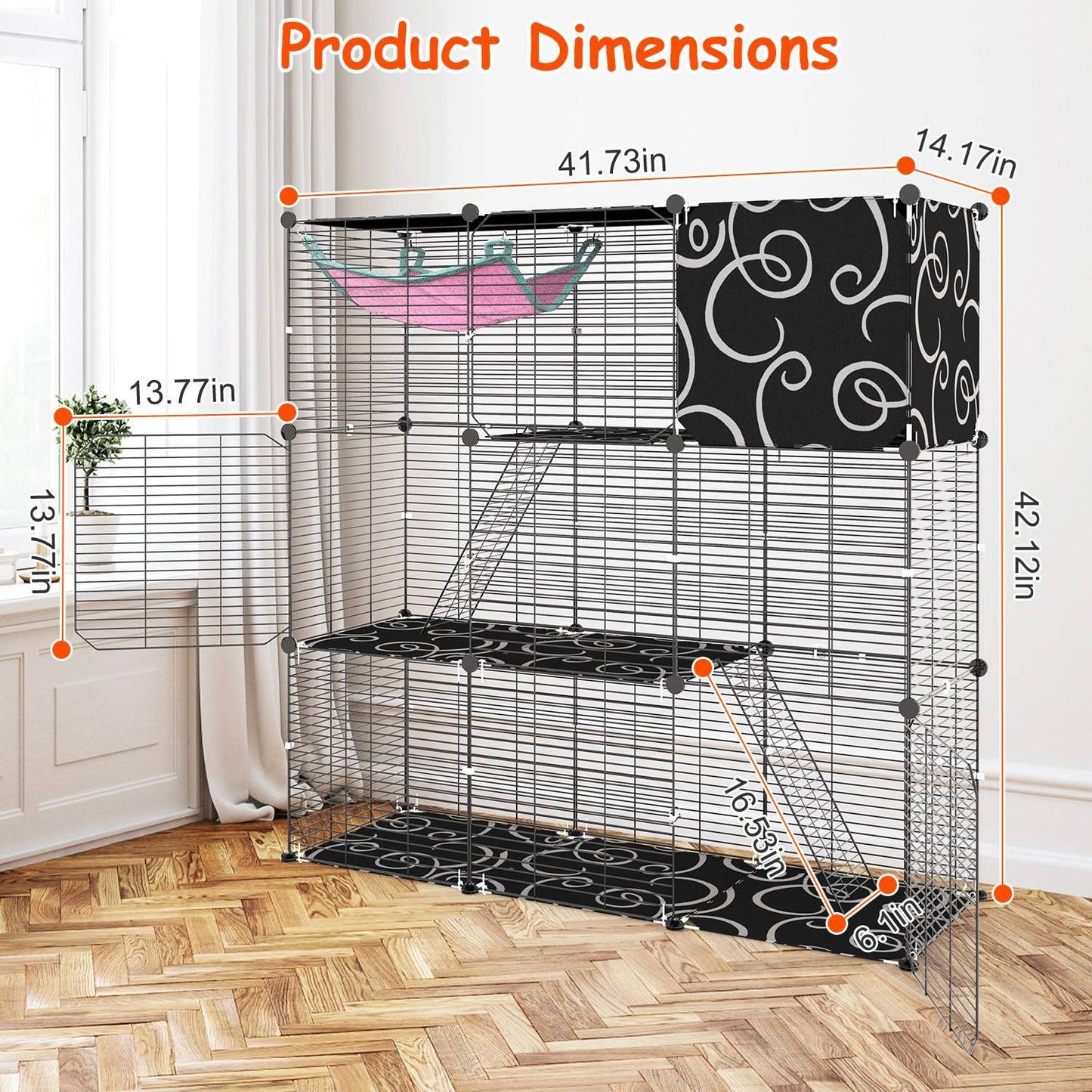 Dimension diagram with assembled size 41.73×14.17×42.12 in and panel measurements annotated