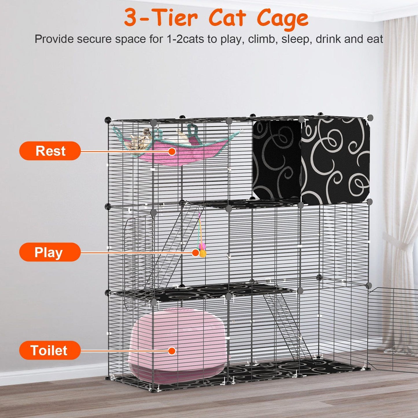 3-tier cat cage staged in a room with labeled rest, play and toilet zones