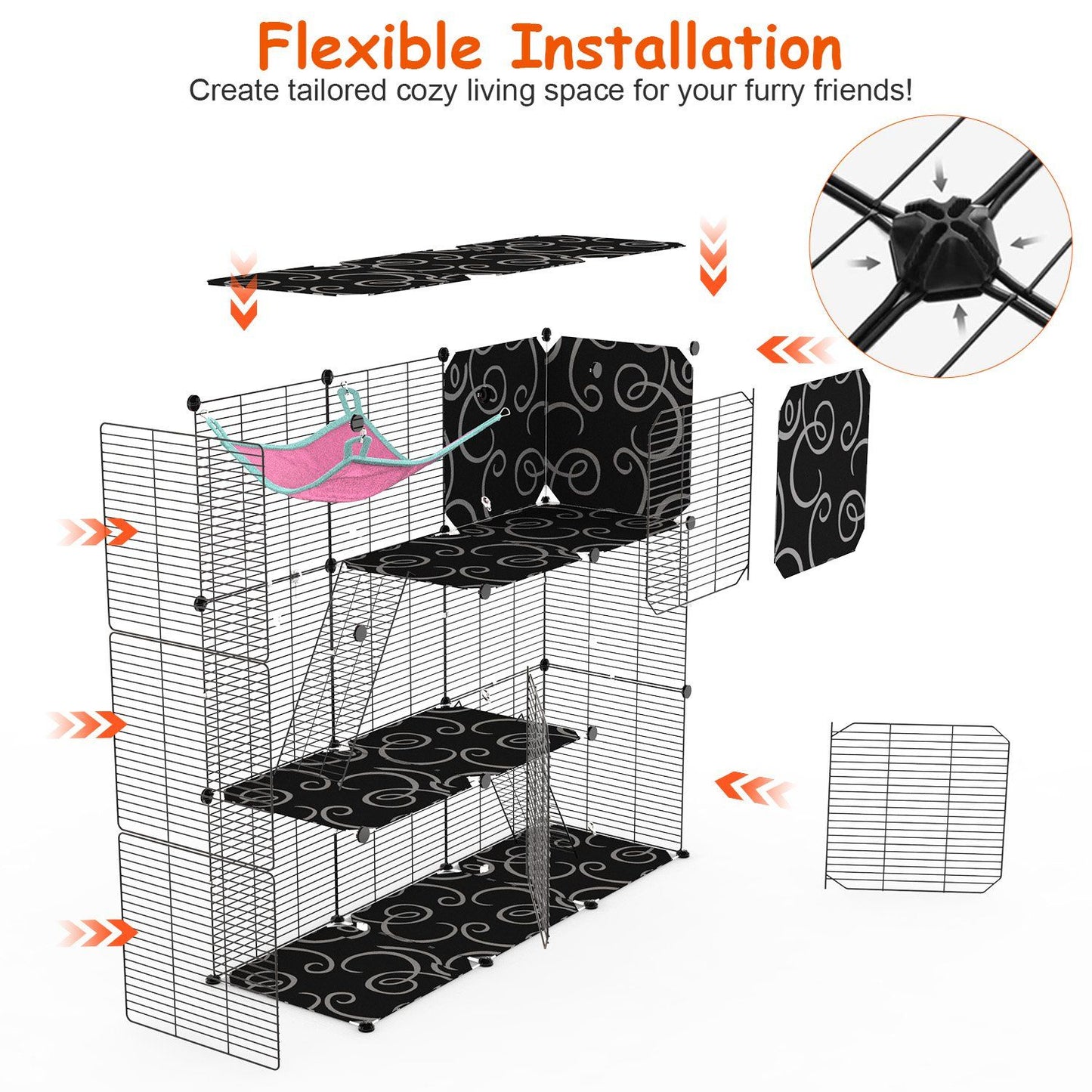 Exploded view of modular panels and connectors showing customizable cage assembly