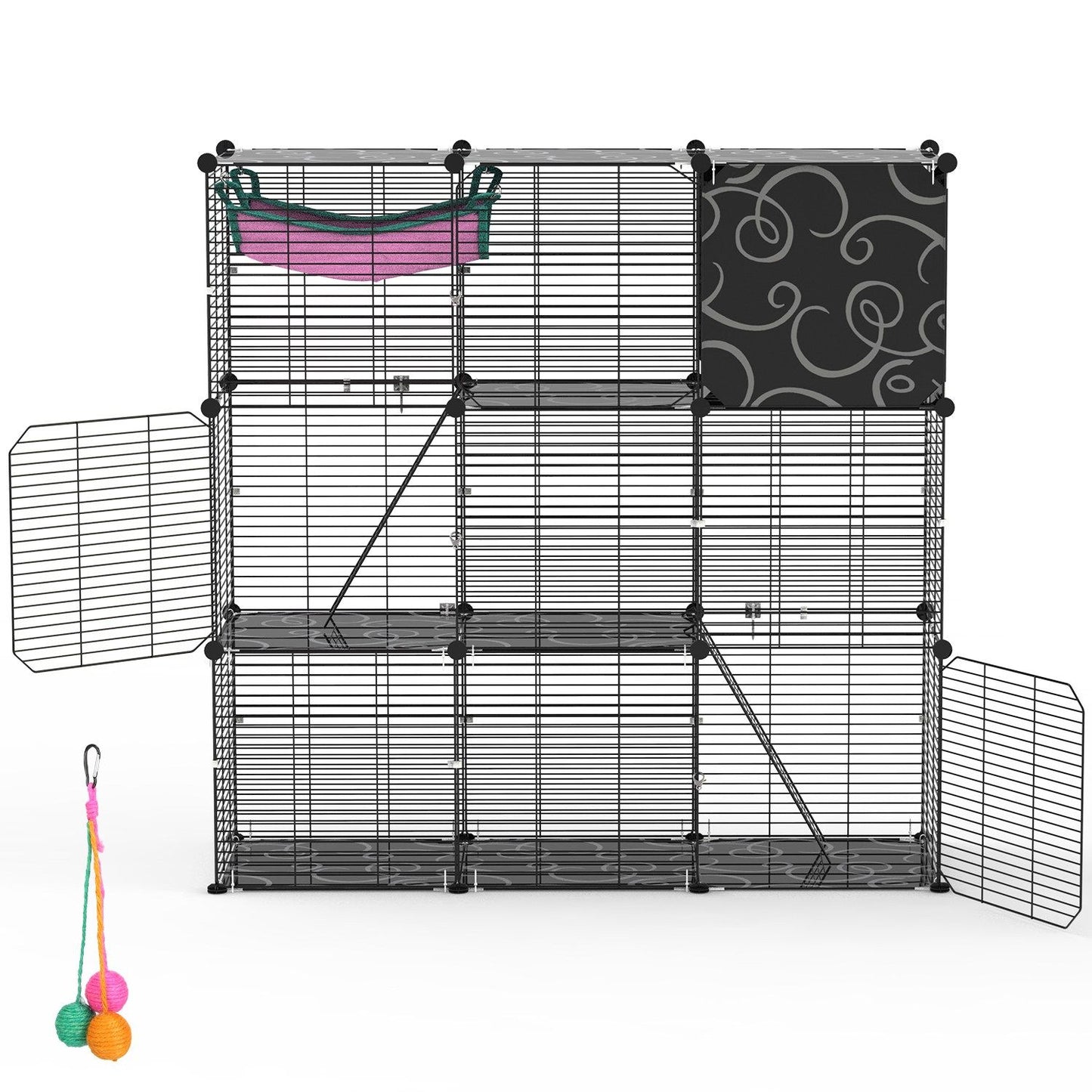 Front view of assembled 3-tier cat cage with open gate, visible platforms, ladders and hammock