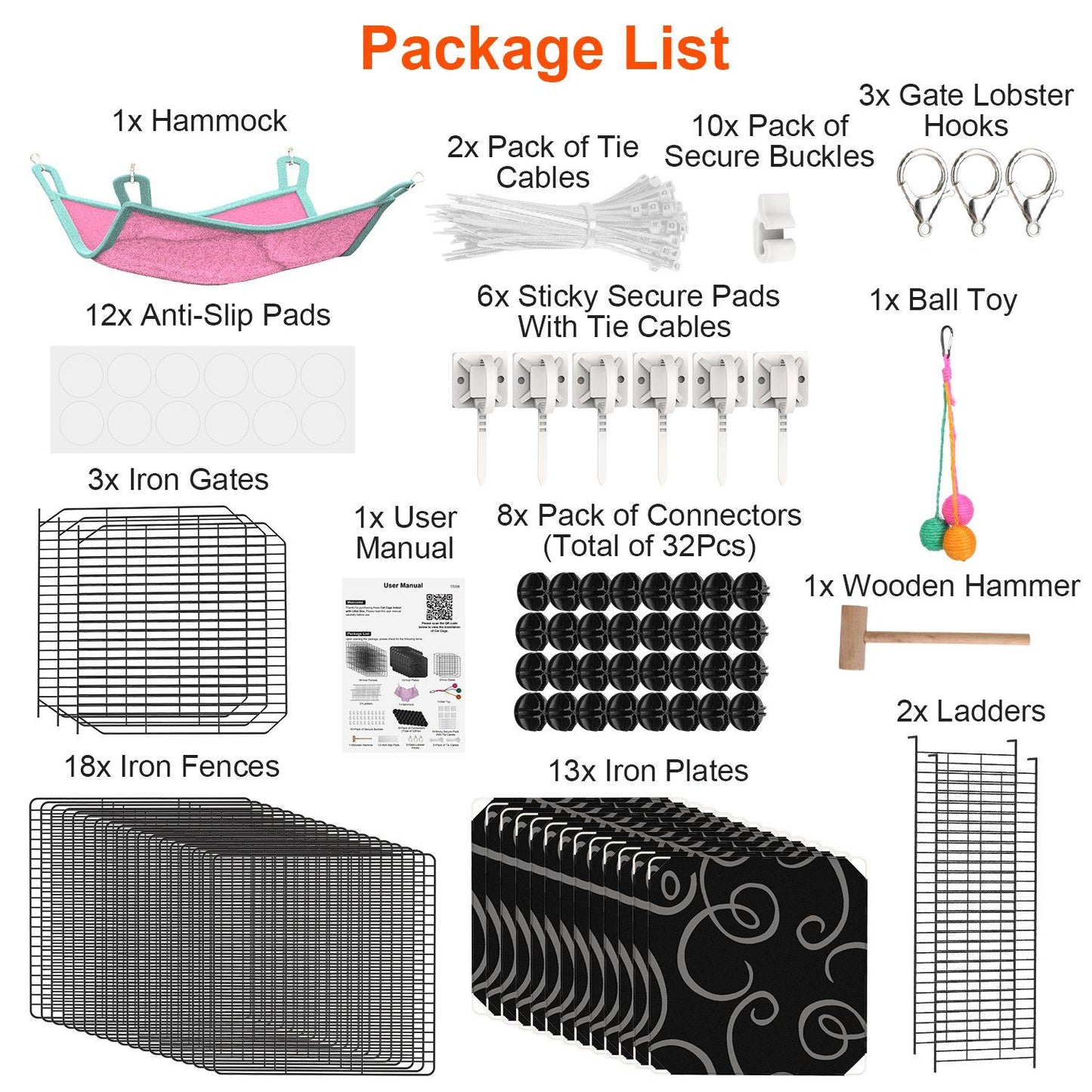 Package contents laid out: iron fences and plates, gates, connectors, ladders, hammock, hammer and toy
