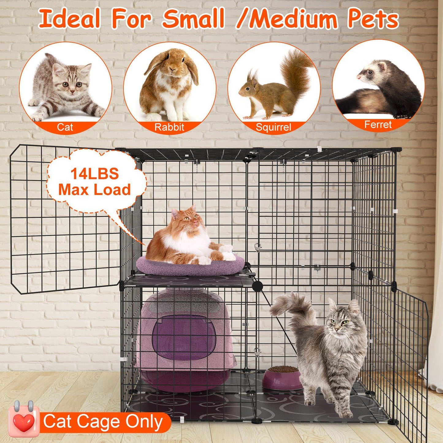Indoor lifestyle image of 2-tier cat cage with cats on platforms, showing everyday use and 14 lb limit