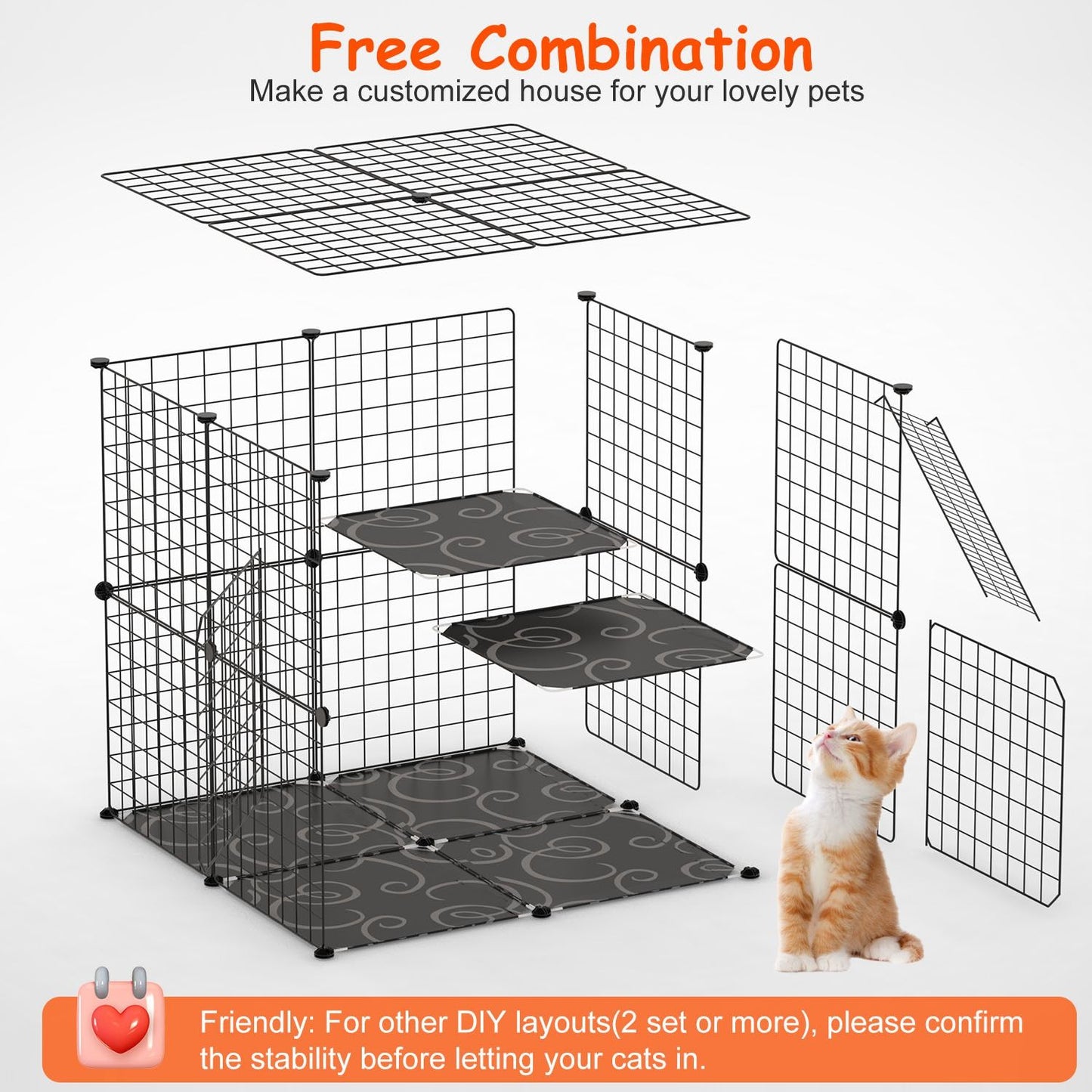 Exploded layout showing customizable 2-tier cat cage configuration with removable platforms and panels