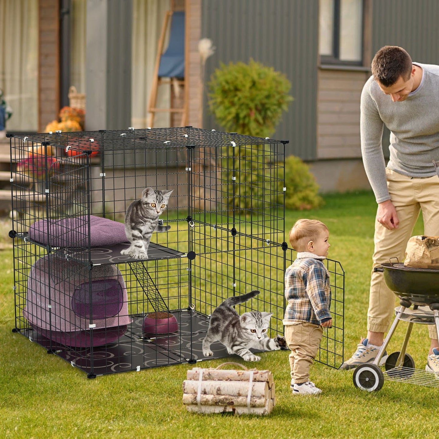 Assembled cat cage on lawn with kittens inside and people nearby, showing portable outdoor use