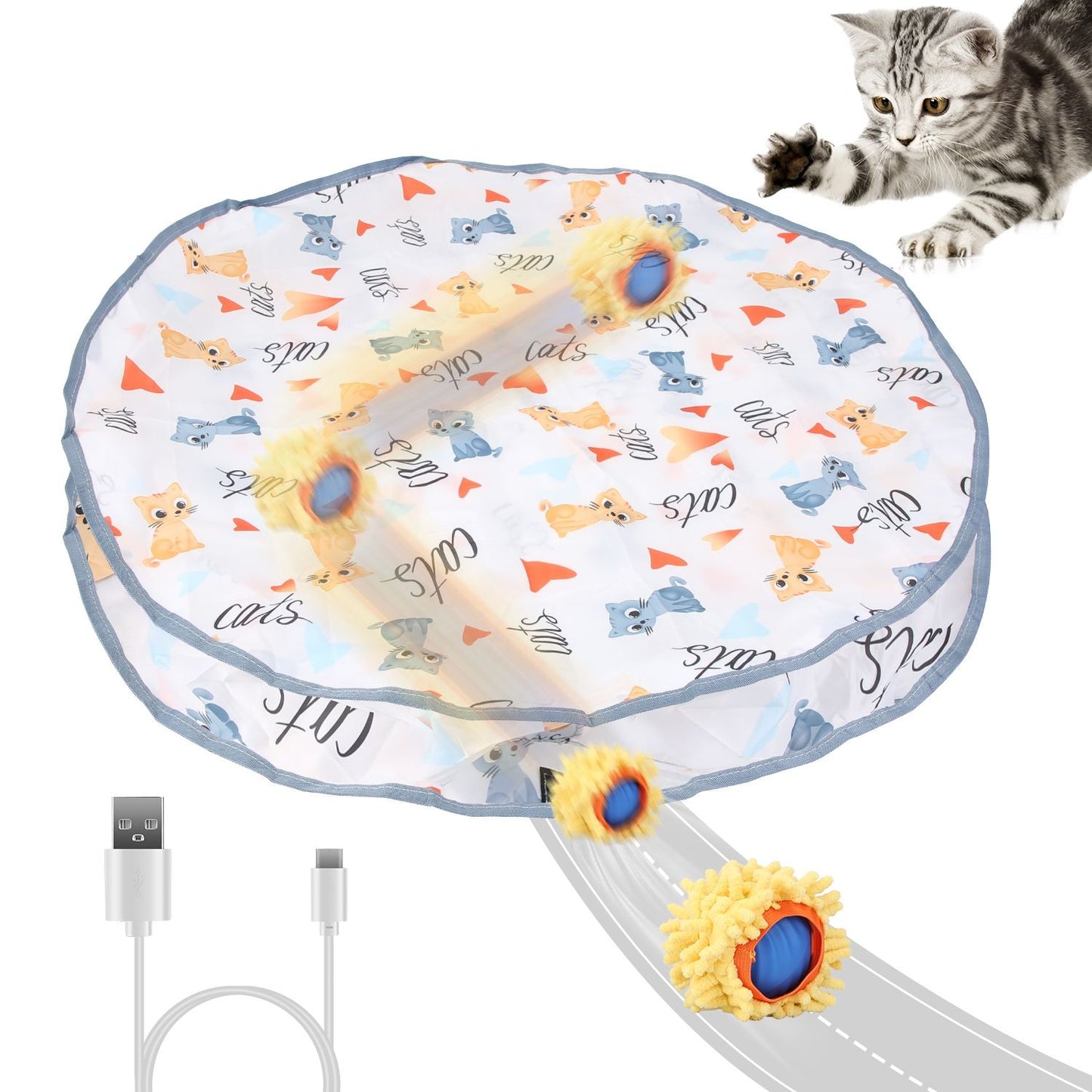Round foldable cat play pouch with patterned mat and rolling toy ball