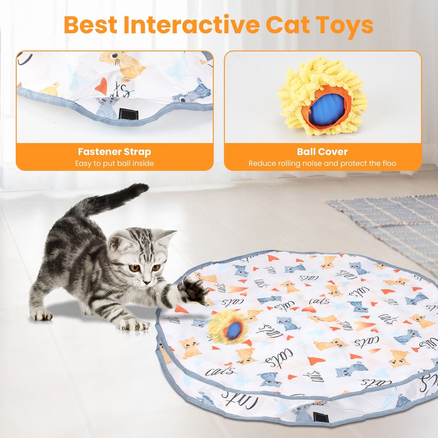 Play mat with fastener strap and plush ball cover to reduce noise and protect floors