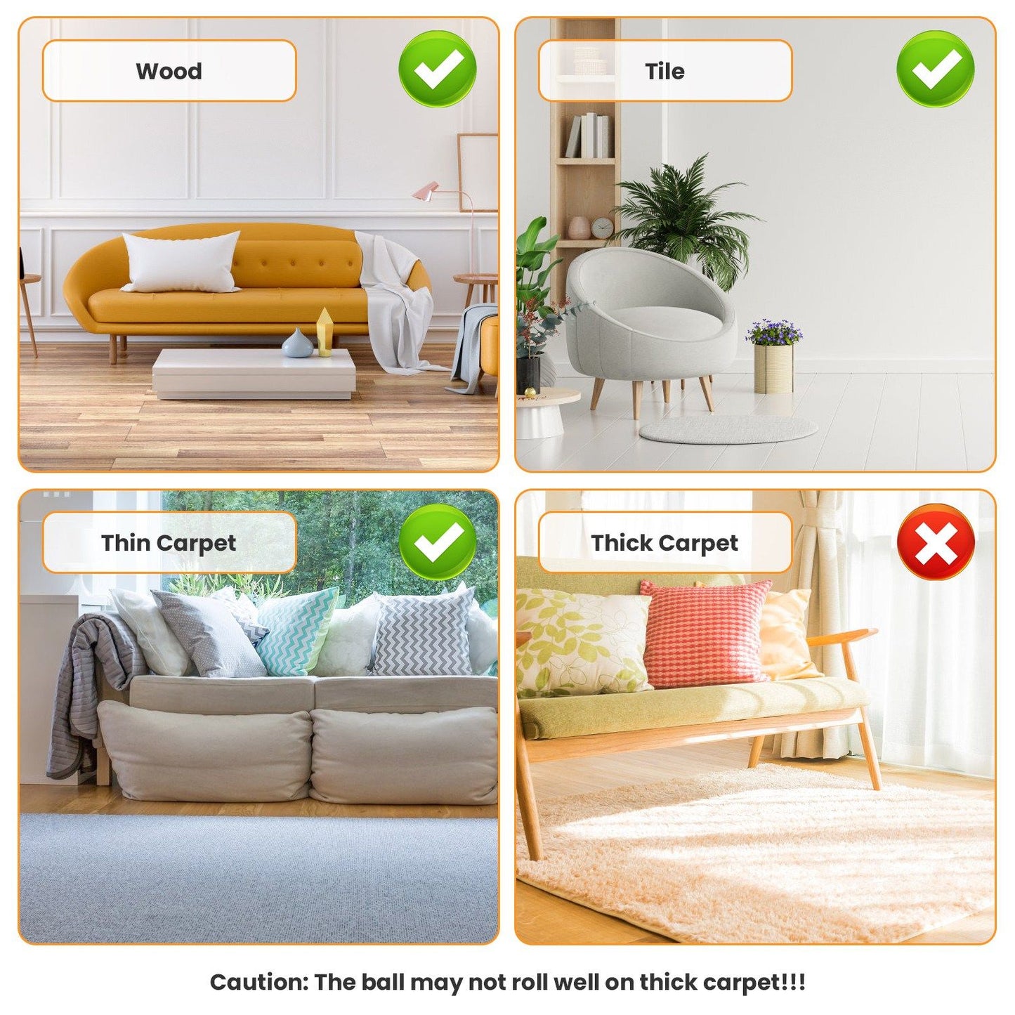 Surface compatibility graphics works on wood tile thin carpet not ideal on thick carpet