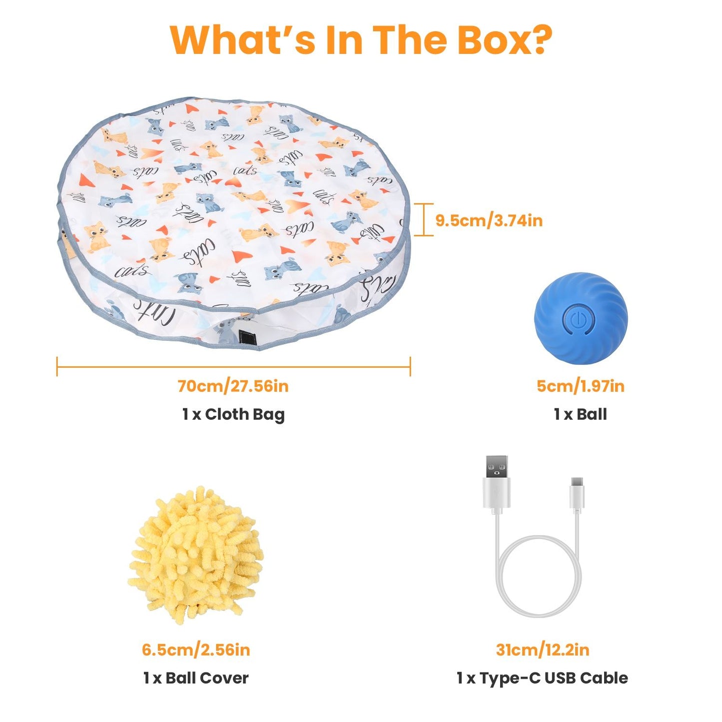 Package contents 70cm cloth bag 5cm ball 6.5cm cover and 31cm Type-C USB cable