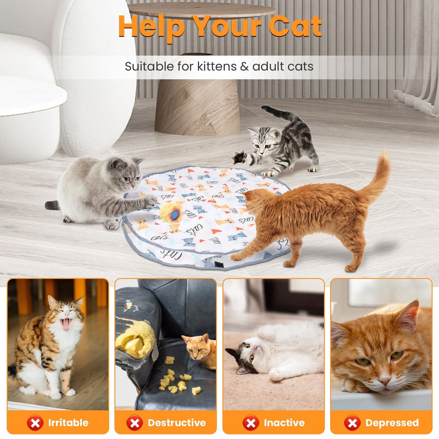 Cloth pouch play mat with toy encouraging exercise for kittens and adult cats