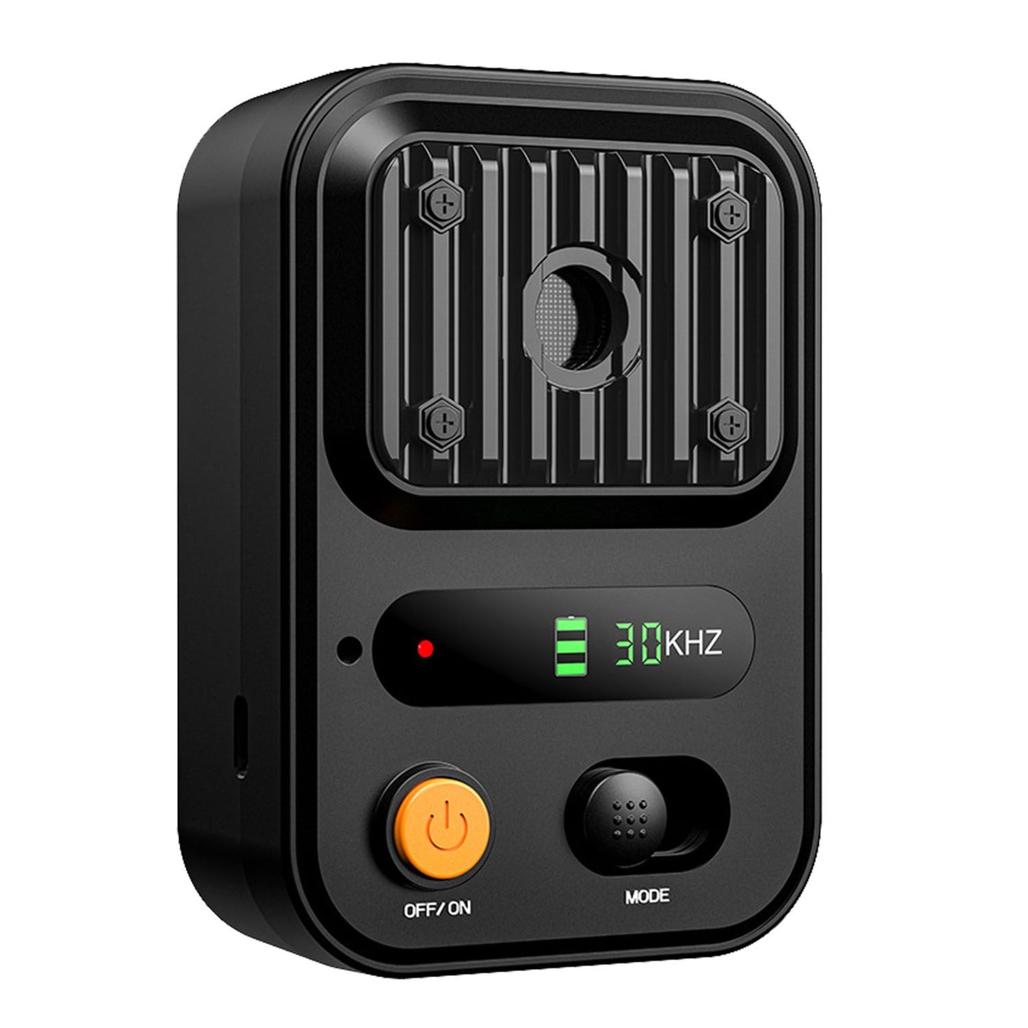 Black ultrasonic bark control device with orange power button and mode slider