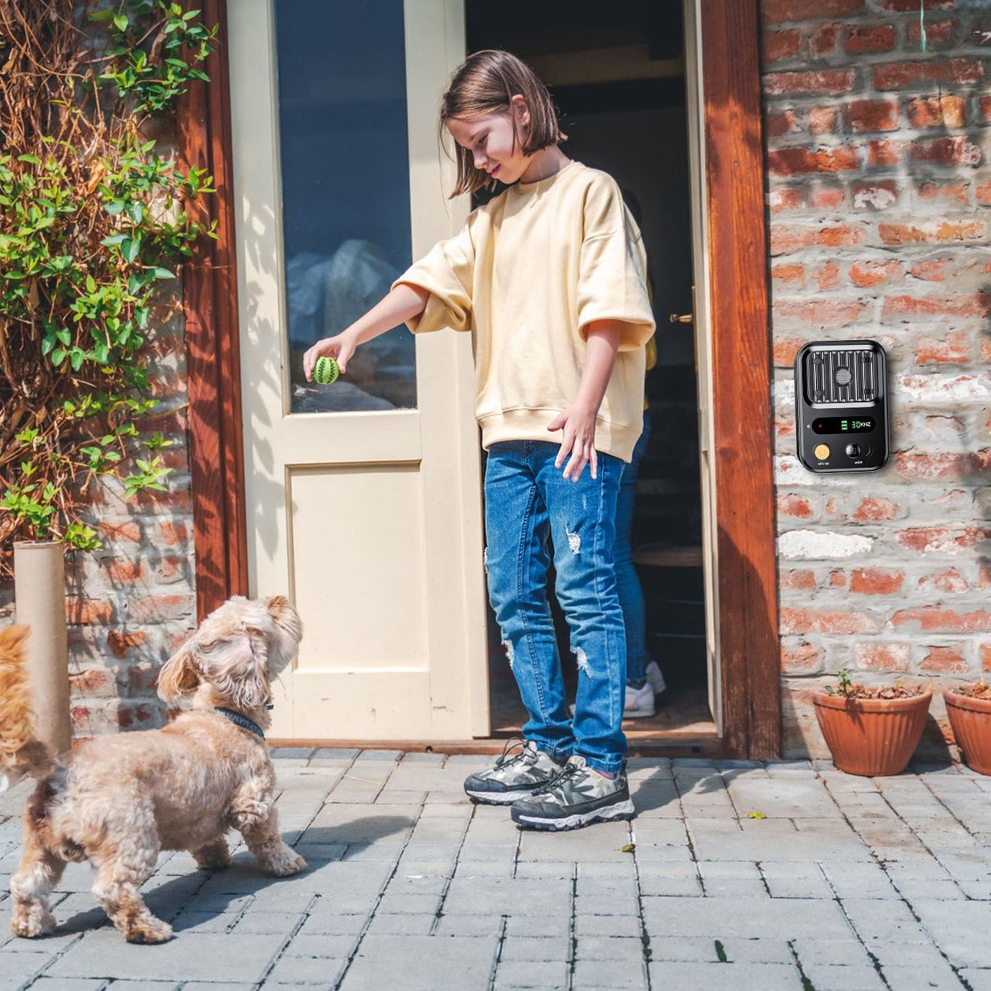 Child playing with small dog near doorway with anti-bark device mounted on wall