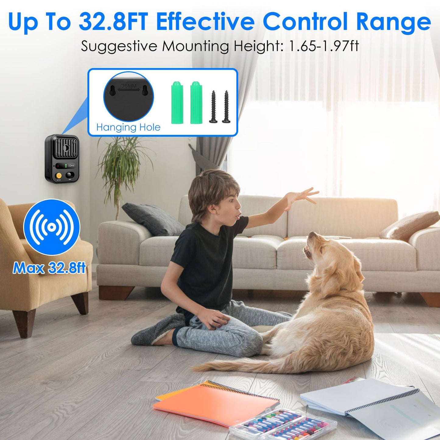 Promotional scene showing recommended mounting and maximum 32.8 ft detection range in a living room