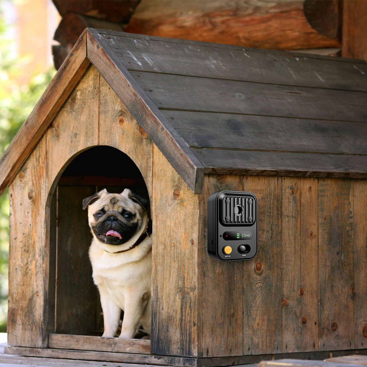 Ultrasonic device mounted on wooden dog house exterior next to dog inside entrance