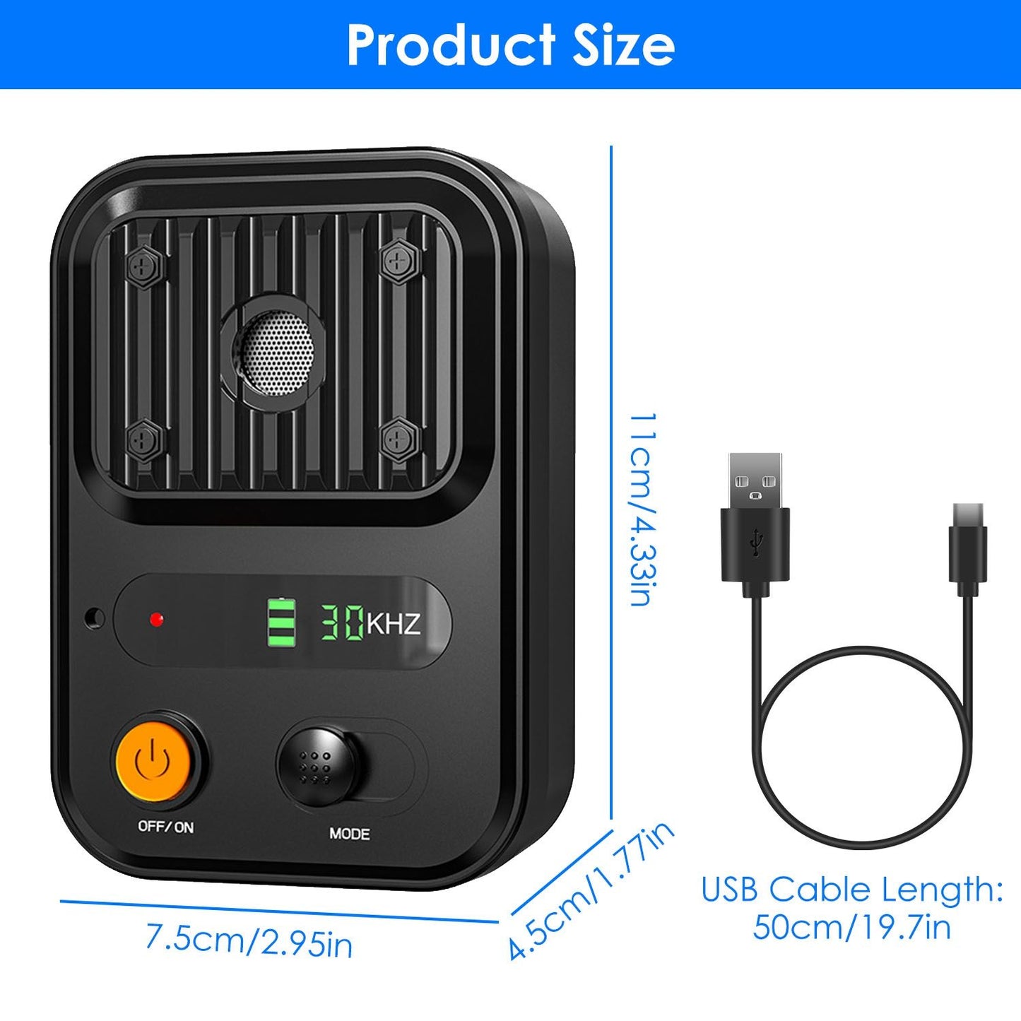 Product dimensions 11x7.5x4.5 cm with included 50 cm USB Type-C cable